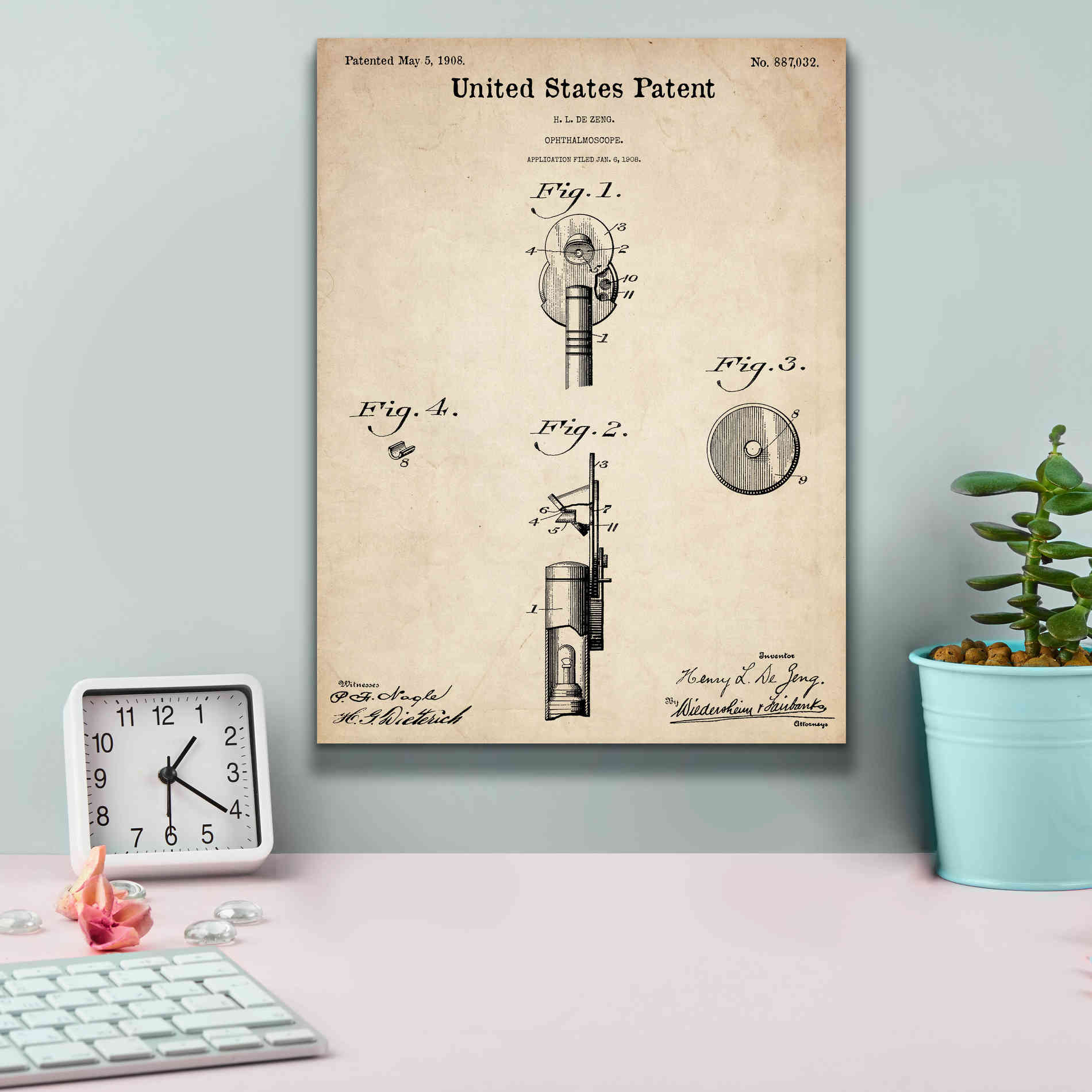 'Ophthalmoscope Blueprint Patent Parchment,' Canvas Wall Art,12 x 16