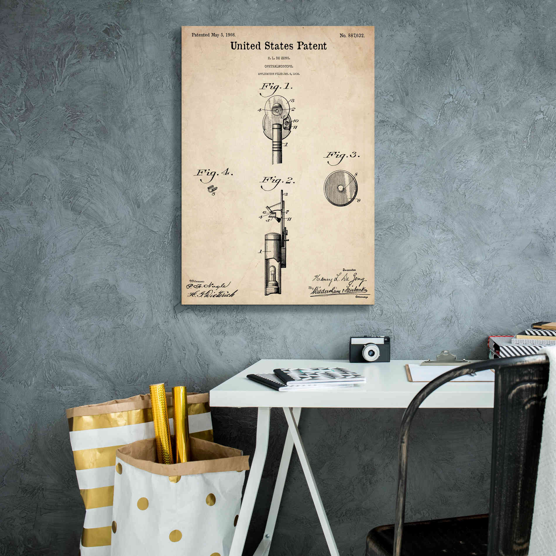 'Ophthalmoscope Blueprint Patent Parchment,' Canvas Wall Art,18 x 26