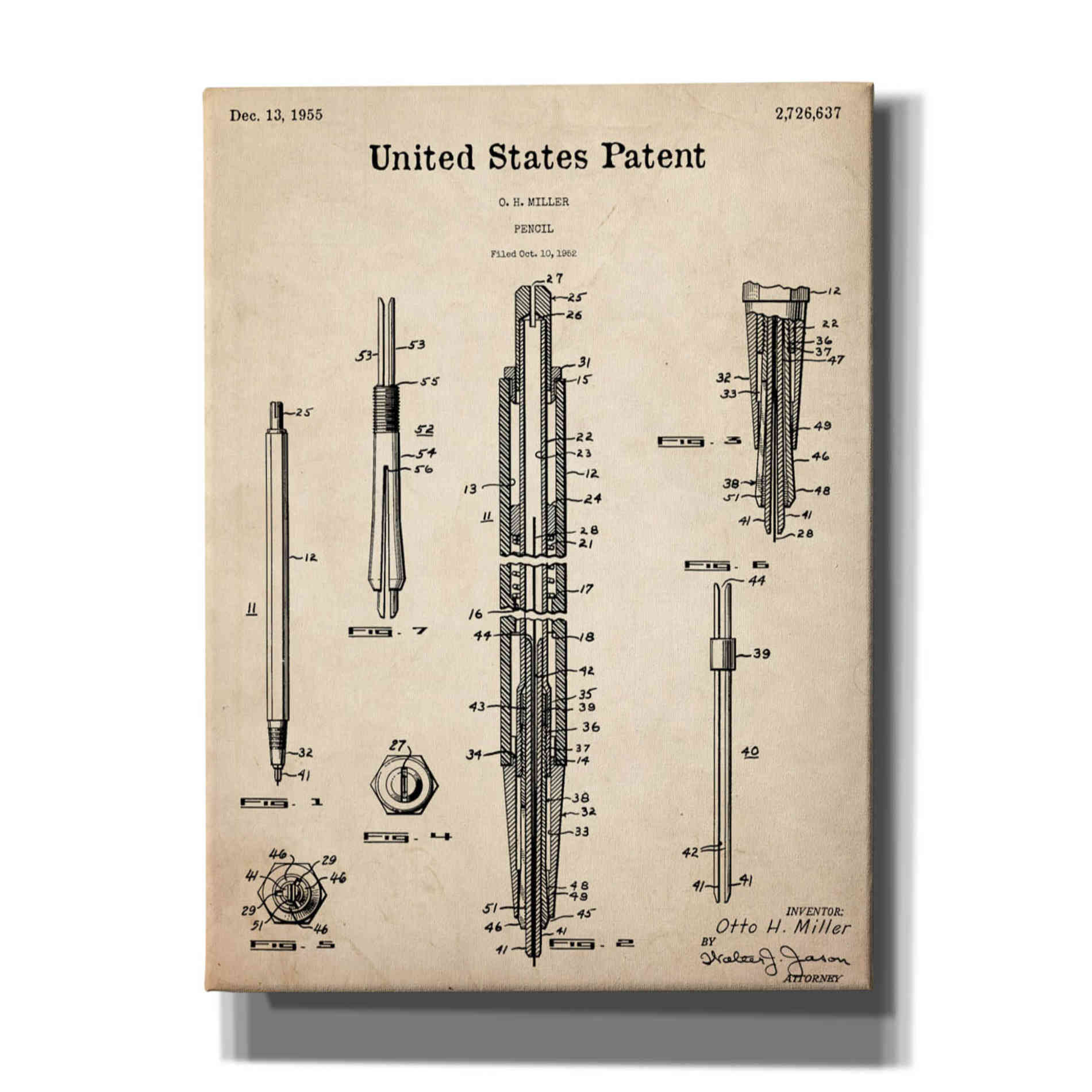'Mechanical Pencil Blueprint Patent Parchment,' Canvas Wall Art,12x16x1.1x0,18x26x1.1x0,26x34x1.74x0,40x54x1.74x0