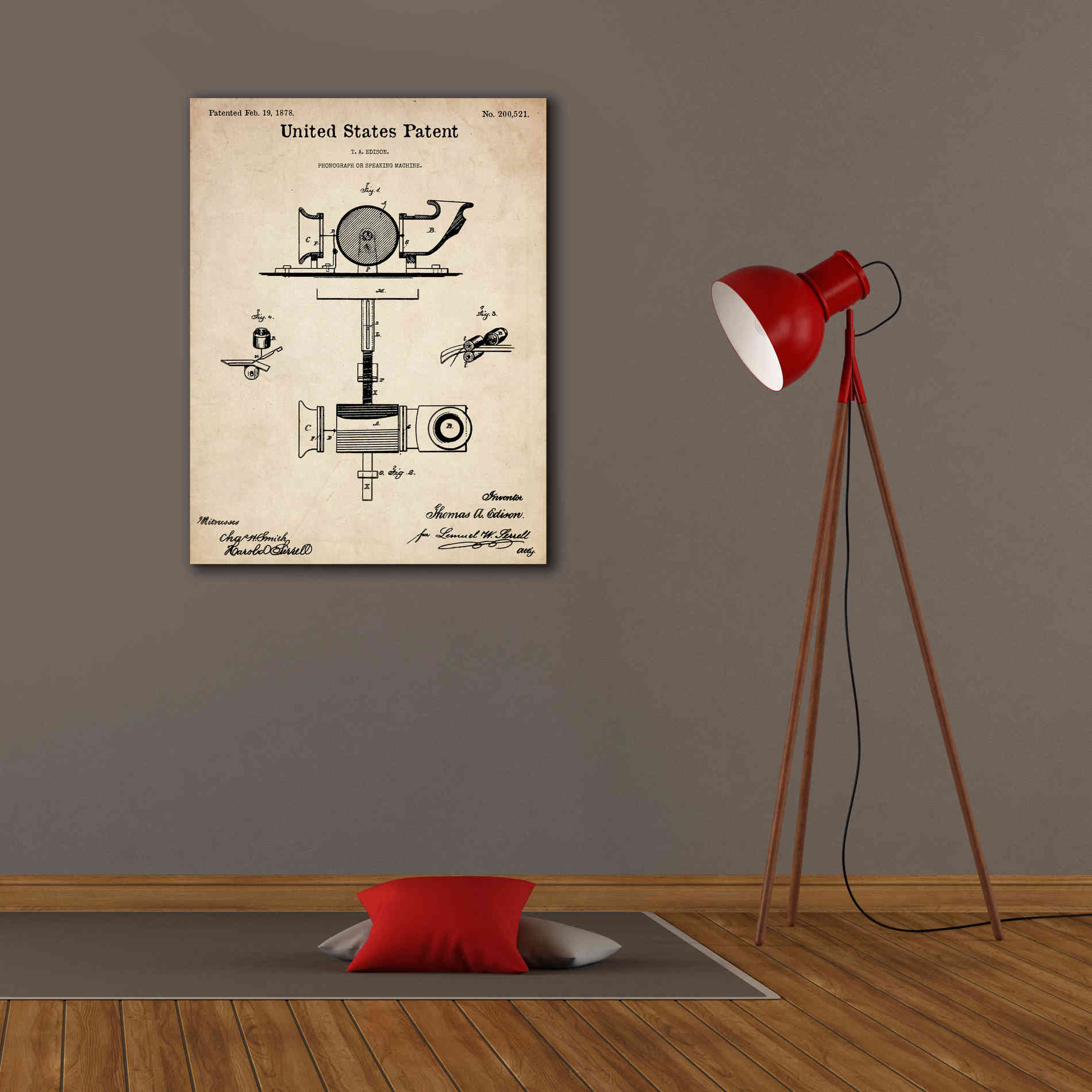 'Phonograph Blueprint Patent Parchment,' Canvas Wall Art,26 x 34