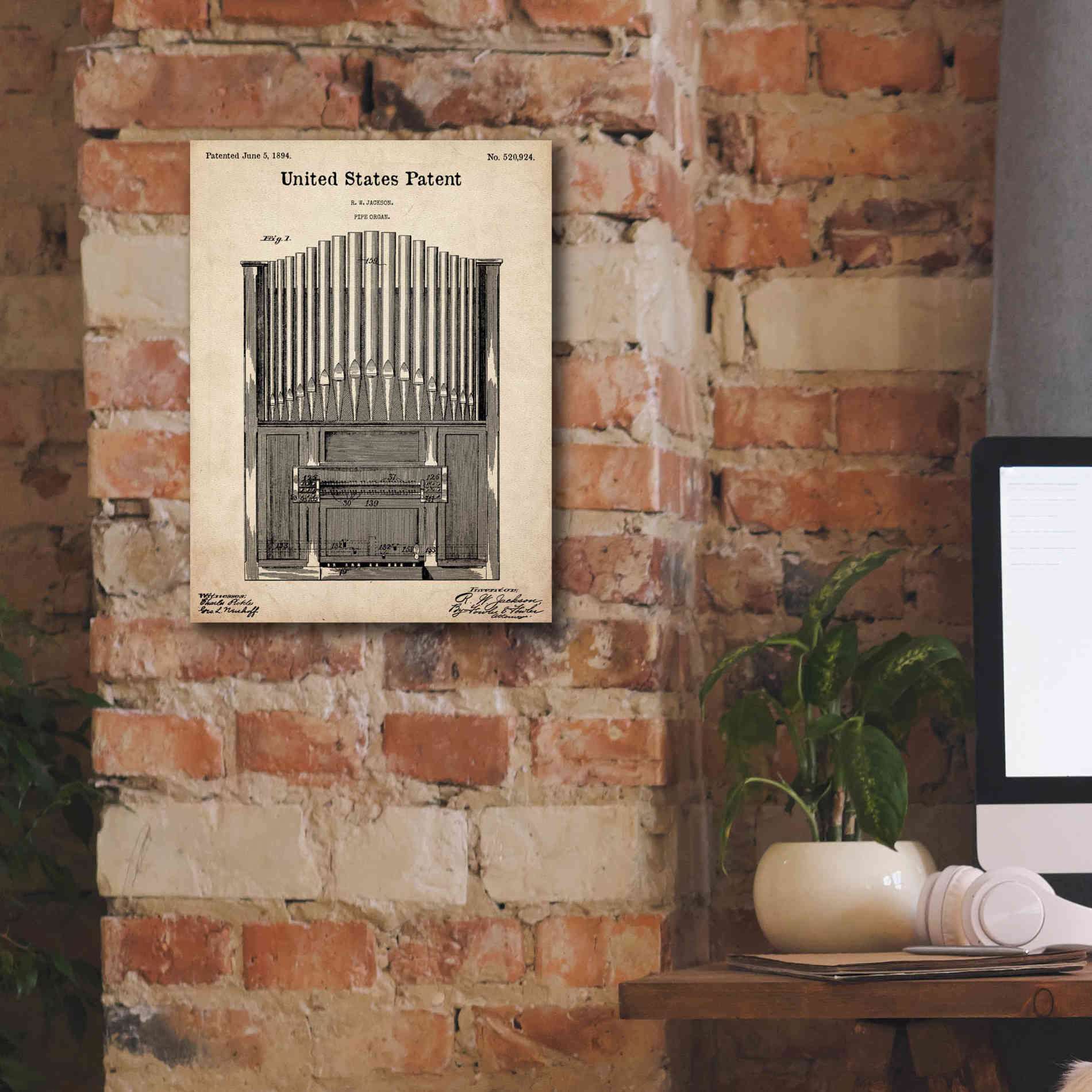'Pipe Organ Blueprint Patent Parchment,' Canvas Wall Art,12 x 16