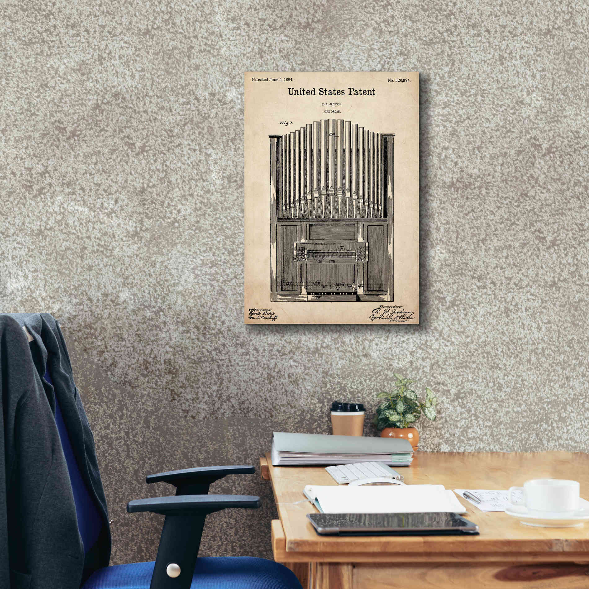 'Pipe Organ Blueprint Patent Parchment,' Canvas Wall Art,18 x 26