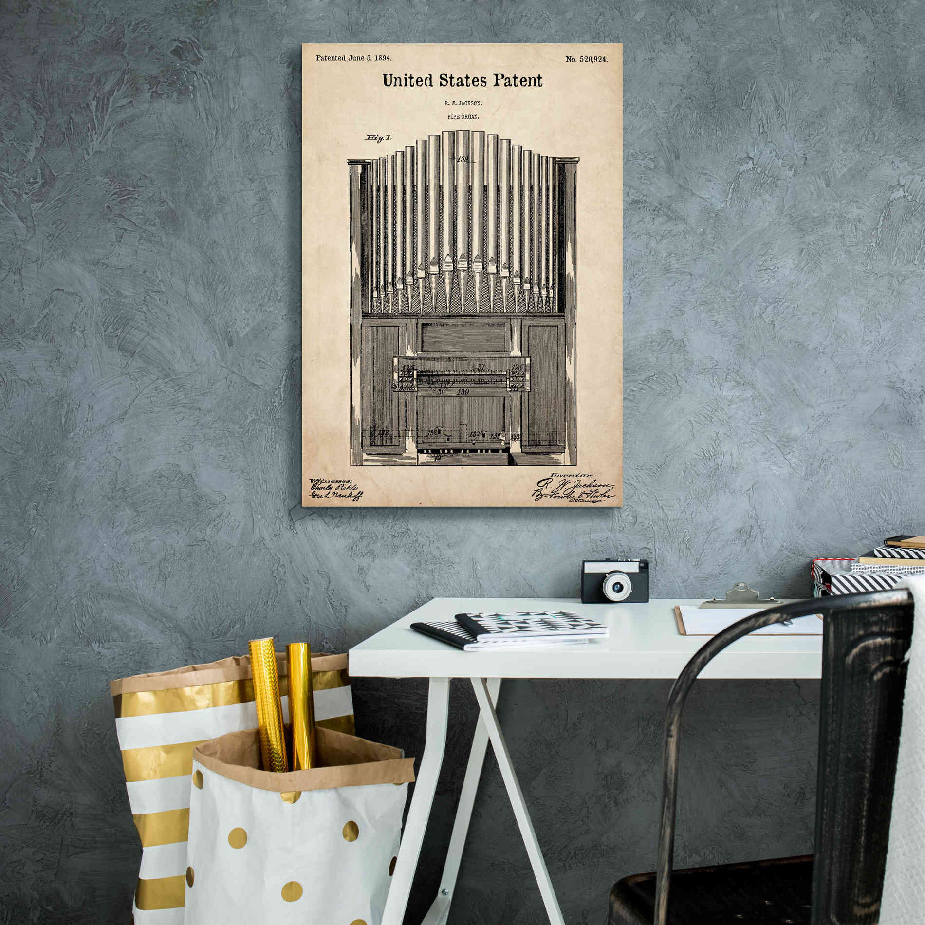 'Pipe Organ Blueprint Patent Parchment,' Canvas Wall Art,18 x 26