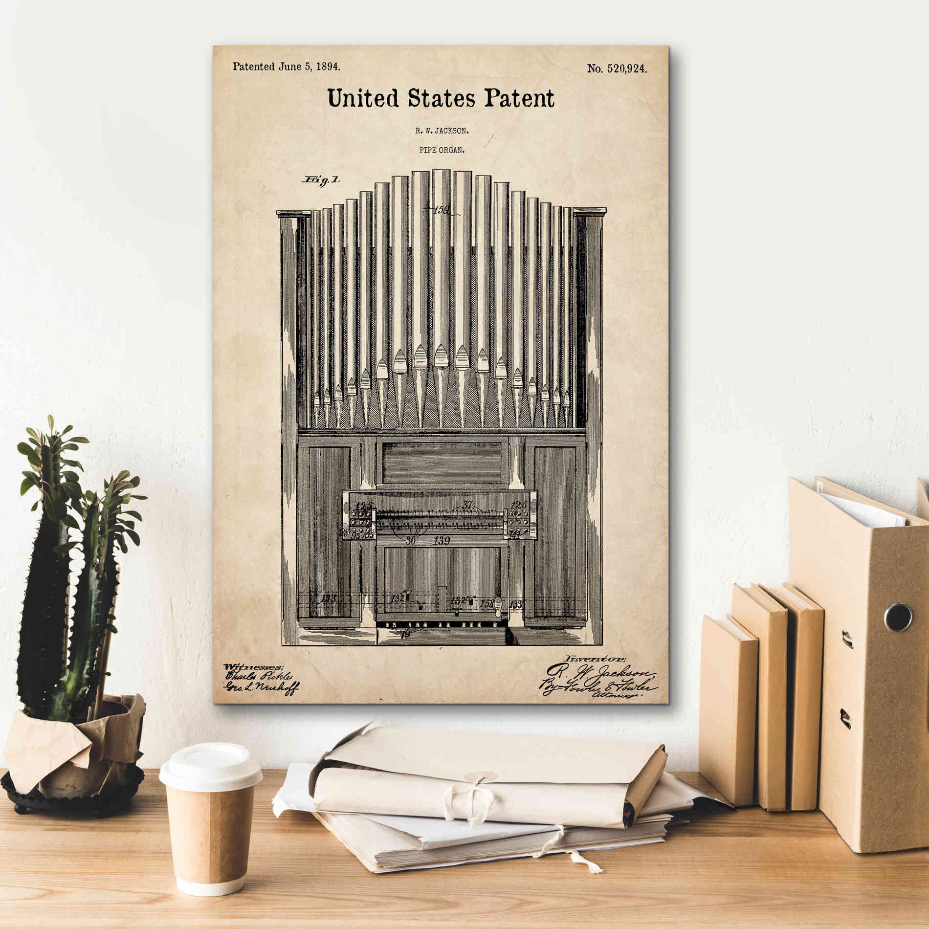 'Pipe Organ Blueprint Patent Parchment,' Canvas Wall Art,18 x 26