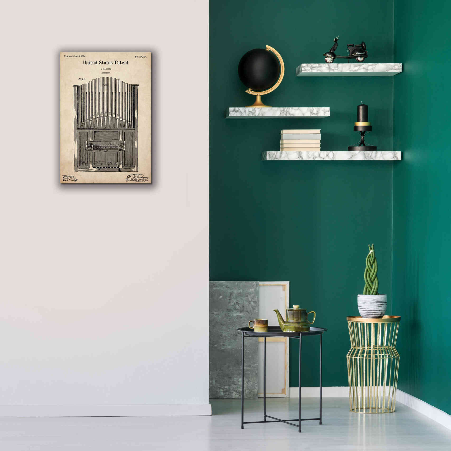 'Pipe Organ Blueprint Patent Parchment,' Canvas Wall Art,18 x 26