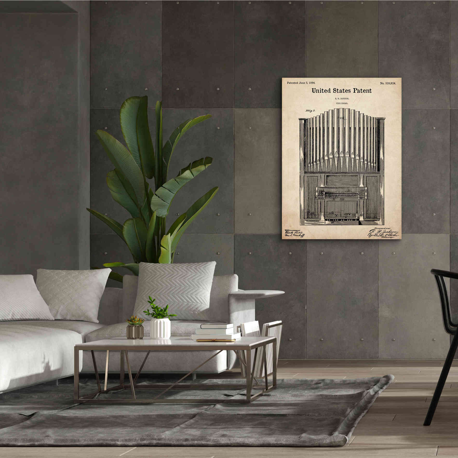 'Pipe Organ Blueprint Patent Parchment,' Canvas Wall Art,40 x 54