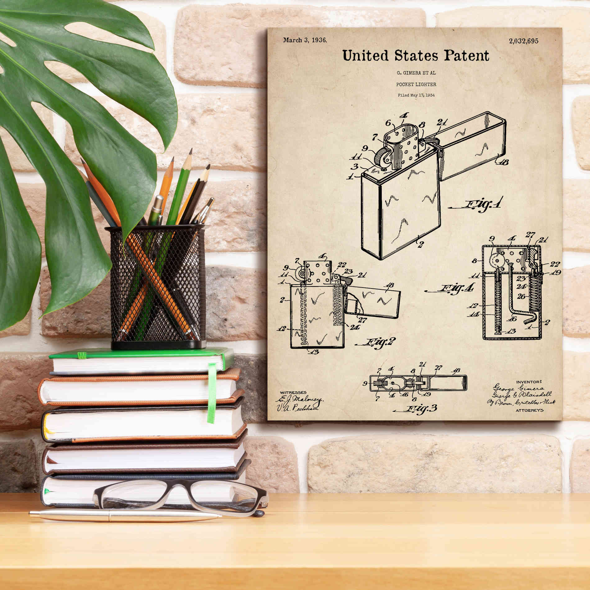 'Pocket Lighter Blueprint Patent Parchment,' Canvas Wall Art,12 x 16