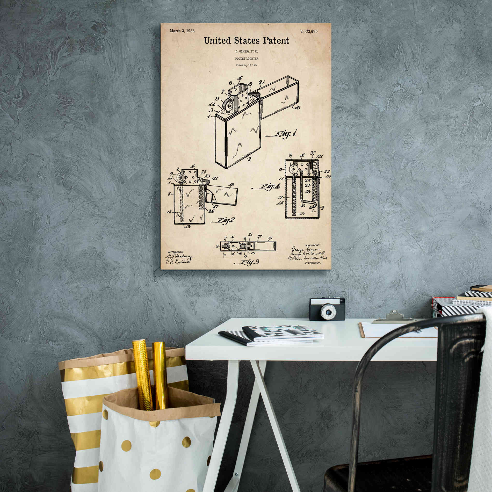 'Pocket Lighter Blueprint Patent Parchment,' Canvas Wall Art,18 x 26