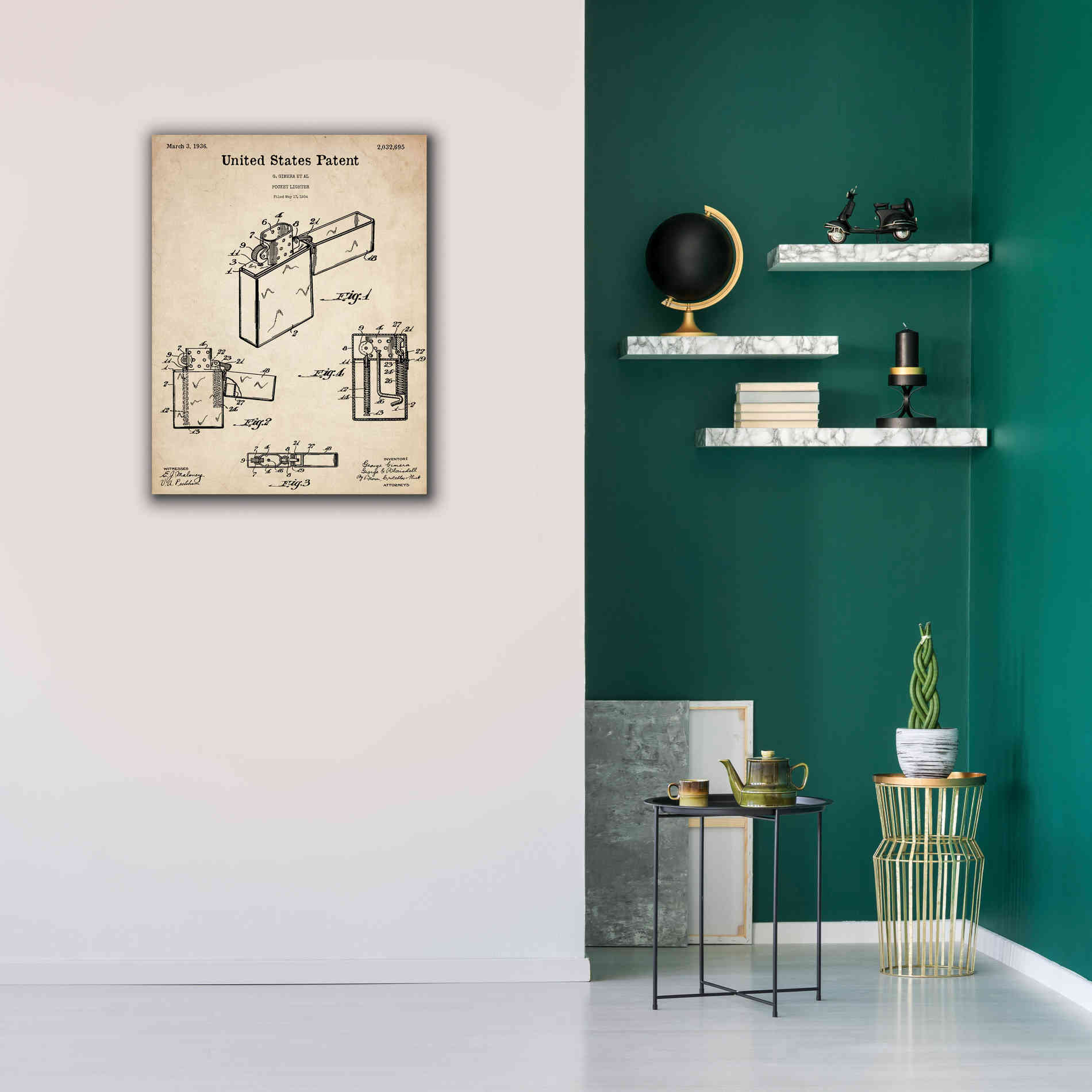 'Pocket Lighter Blueprint Patent Parchment,' Canvas Wall Art,26 x 34