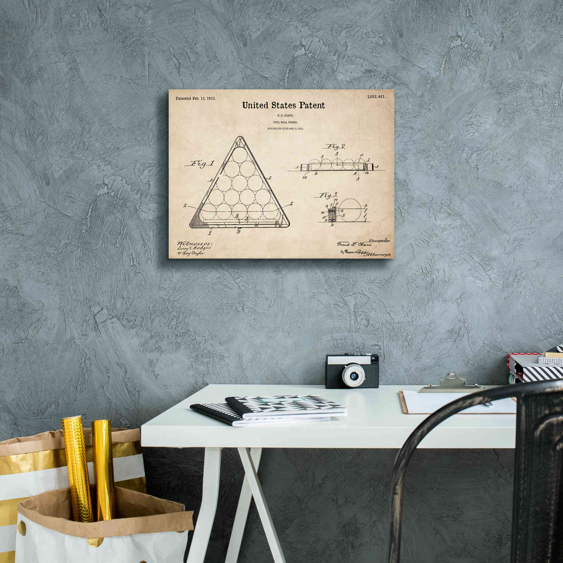 'Pool Ball Frame Blueprint Patent Parchment,' Canvas Wall Art,16 x 12