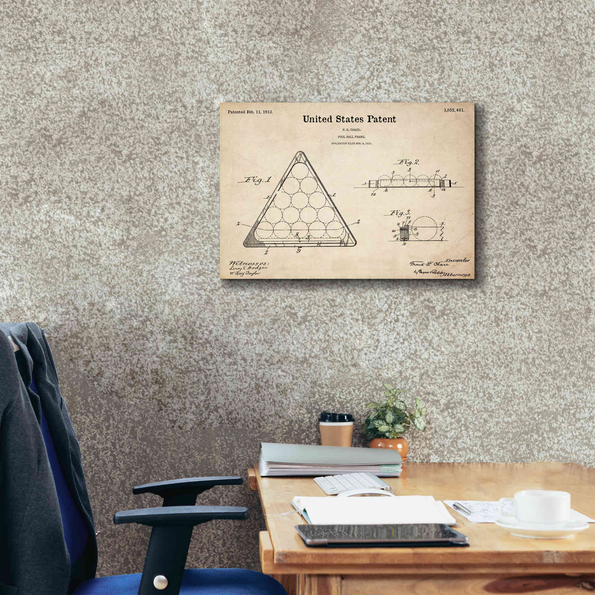 'Pool Ball Frame Blueprint Patent Parchment,' Canvas Wall Art,26 x 18
