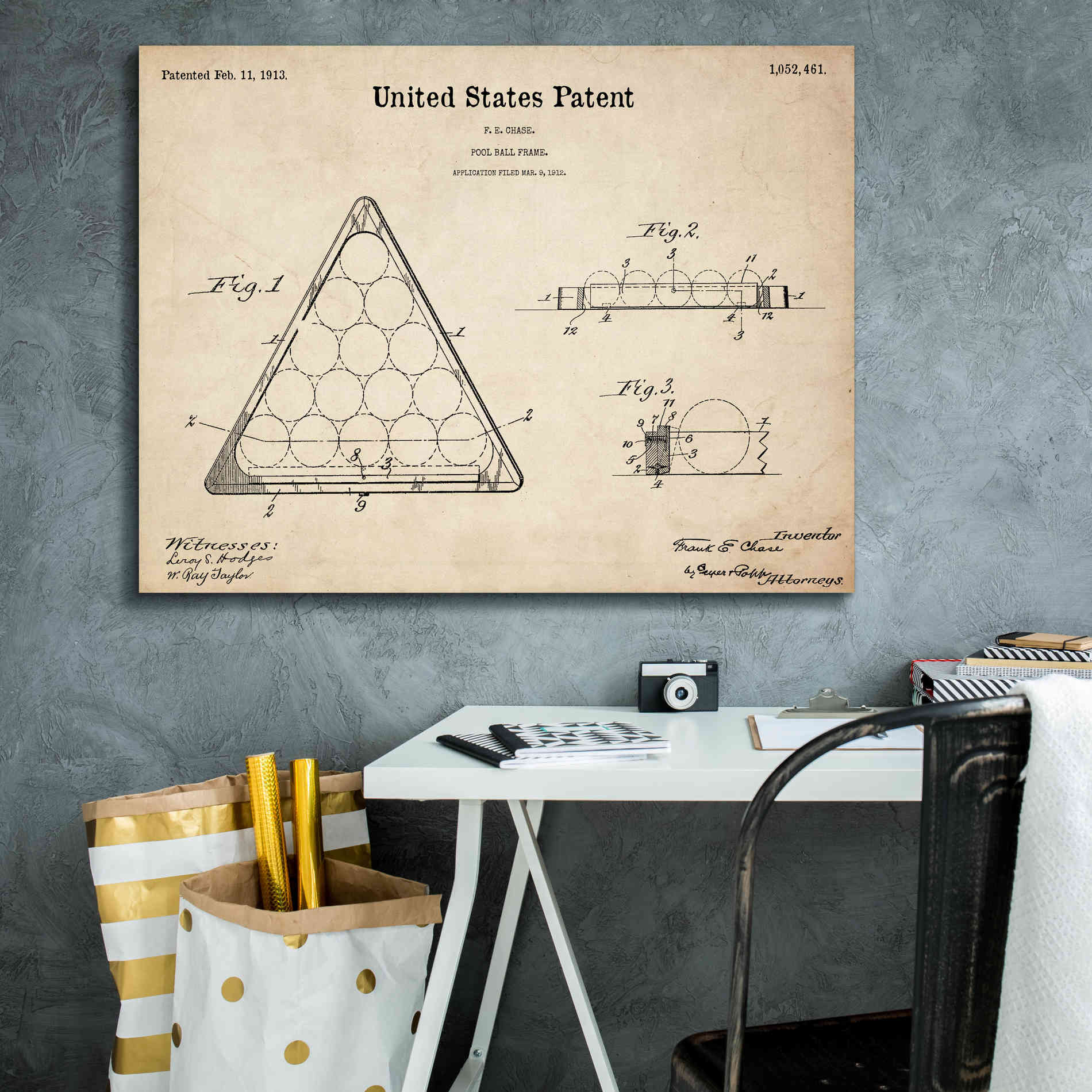 'Pool Ball Frame Blueprint Patent Parchment,' Canvas Wall Art,34 x 26