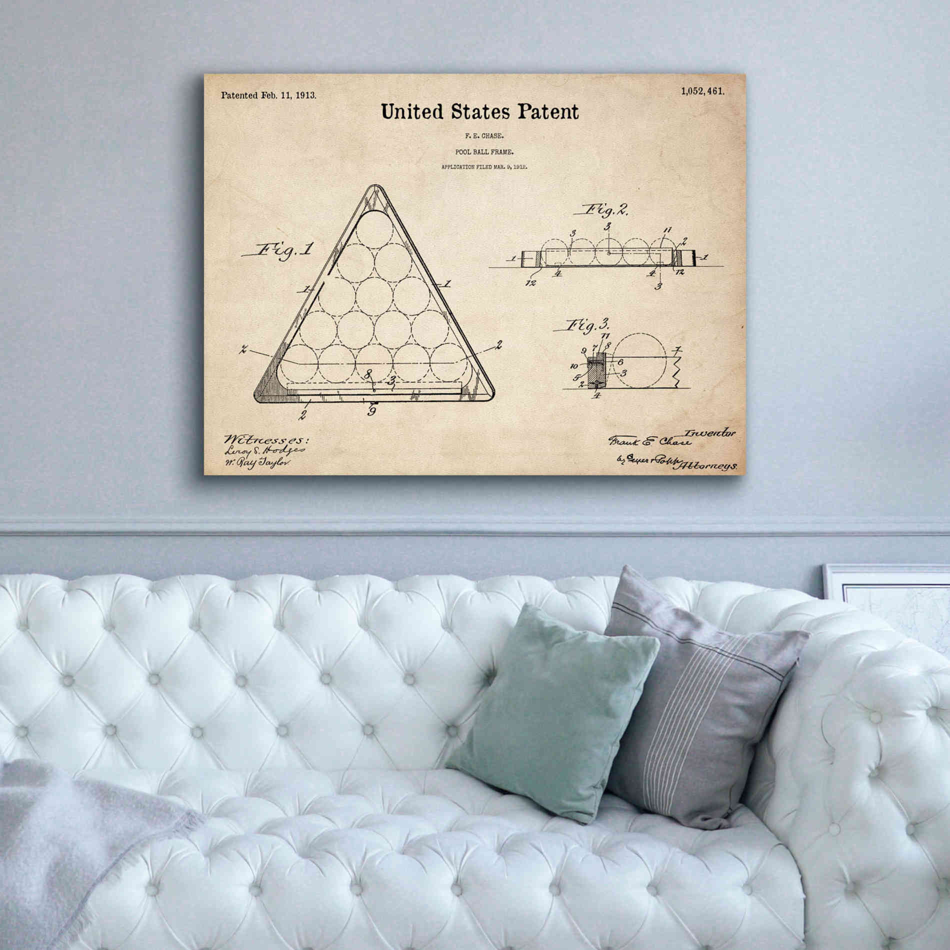 'Pool Ball Frame Blueprint Patent Parchment,' Canvas Wall Art,54 x 40