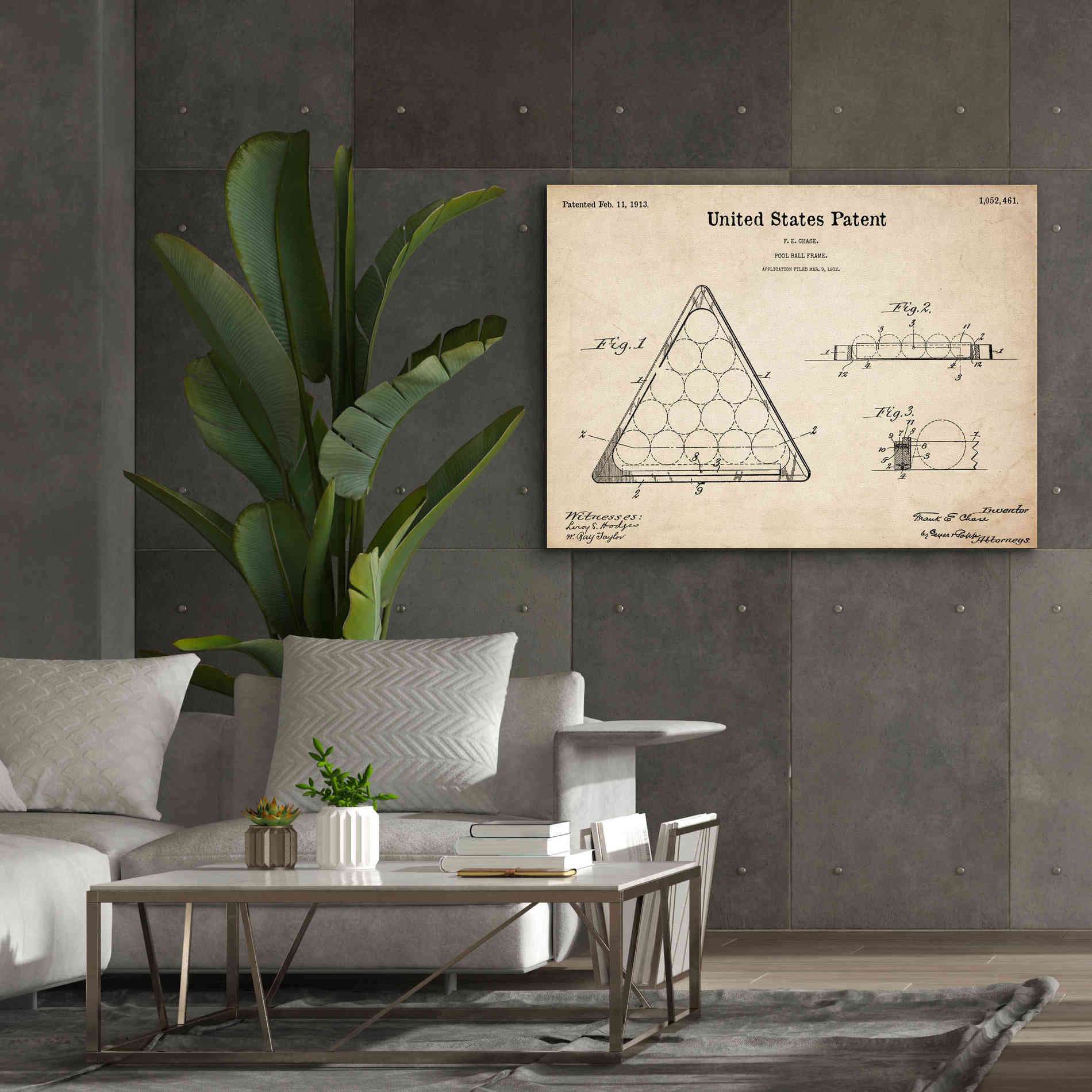 'Pool Ball Frame Blueprint Patent Parchment,' Canvas Wall Art,54 x 40