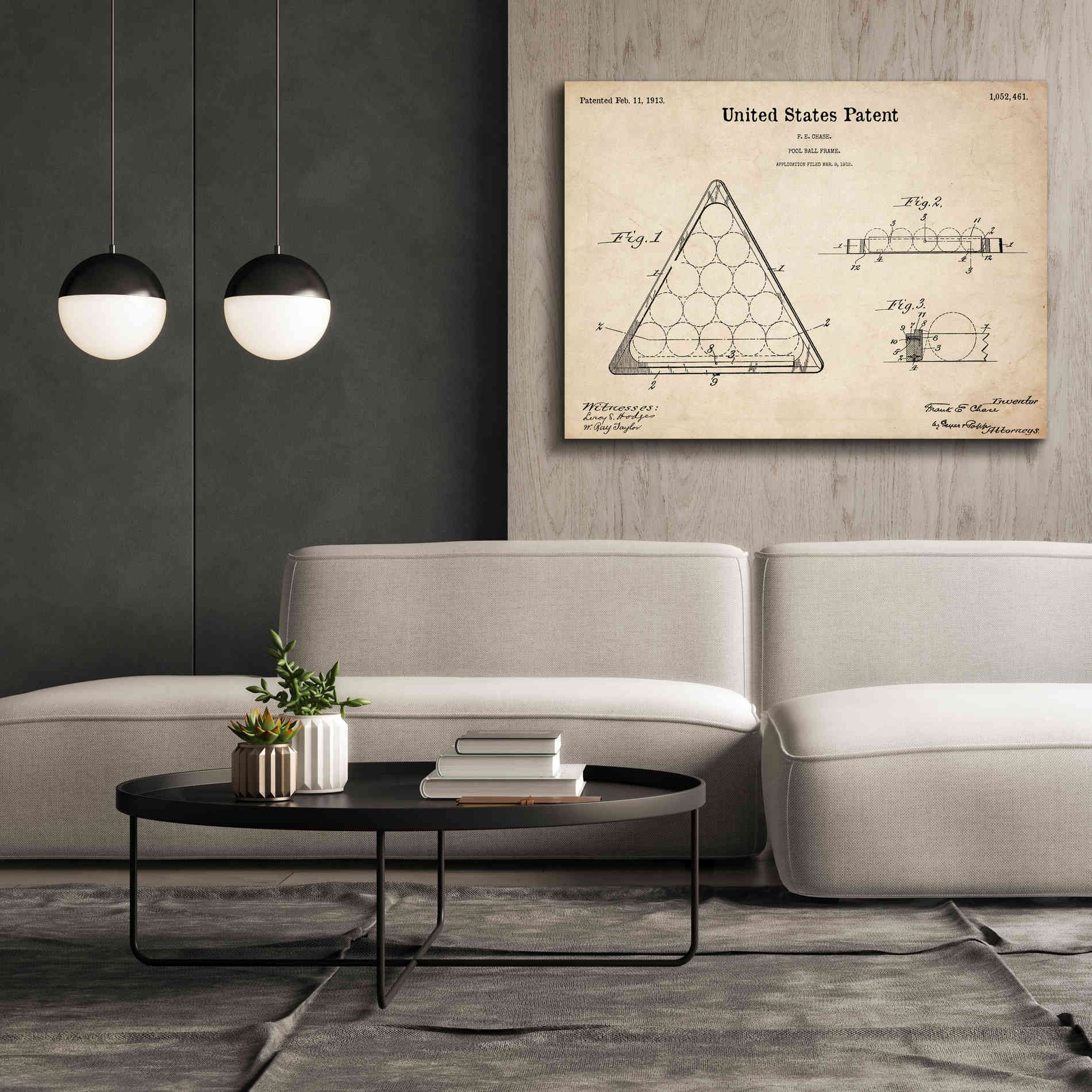 'Pool Ball Frame Blueprint Patent Parchment,' Canvas Wall Art,54 x 40