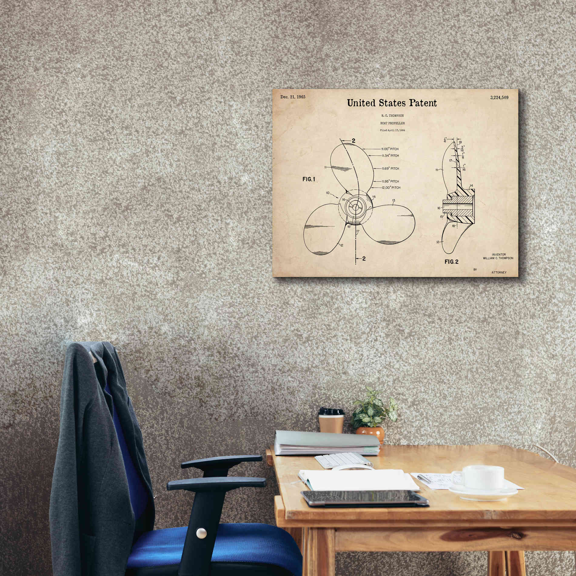 'Boat Propeller Blueprint Patent Parchment,' Canvas Wall Art,34 x 26