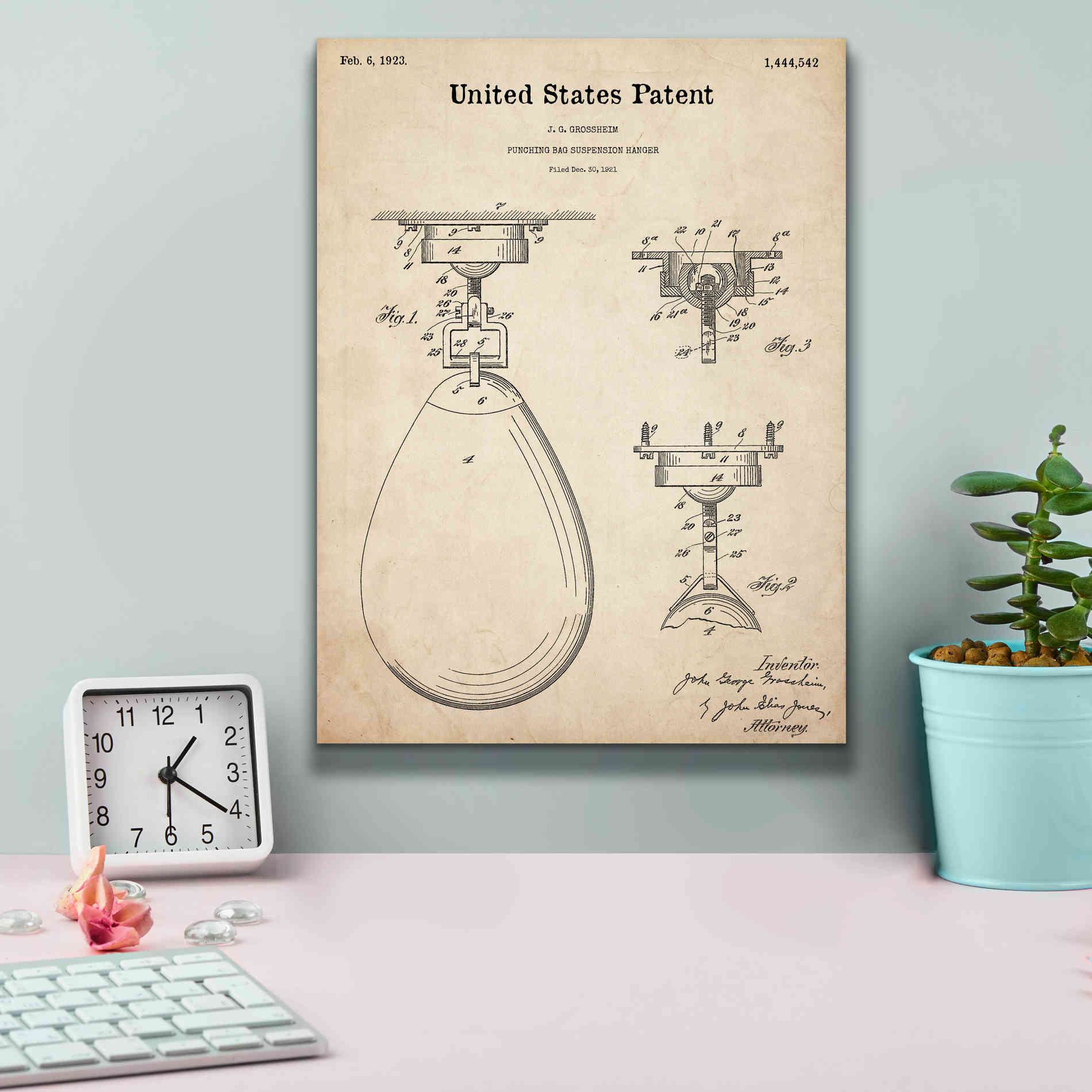 'Boxing Bag Blueprint Patent Parchment,' Canvas Wall Art,12 x 16