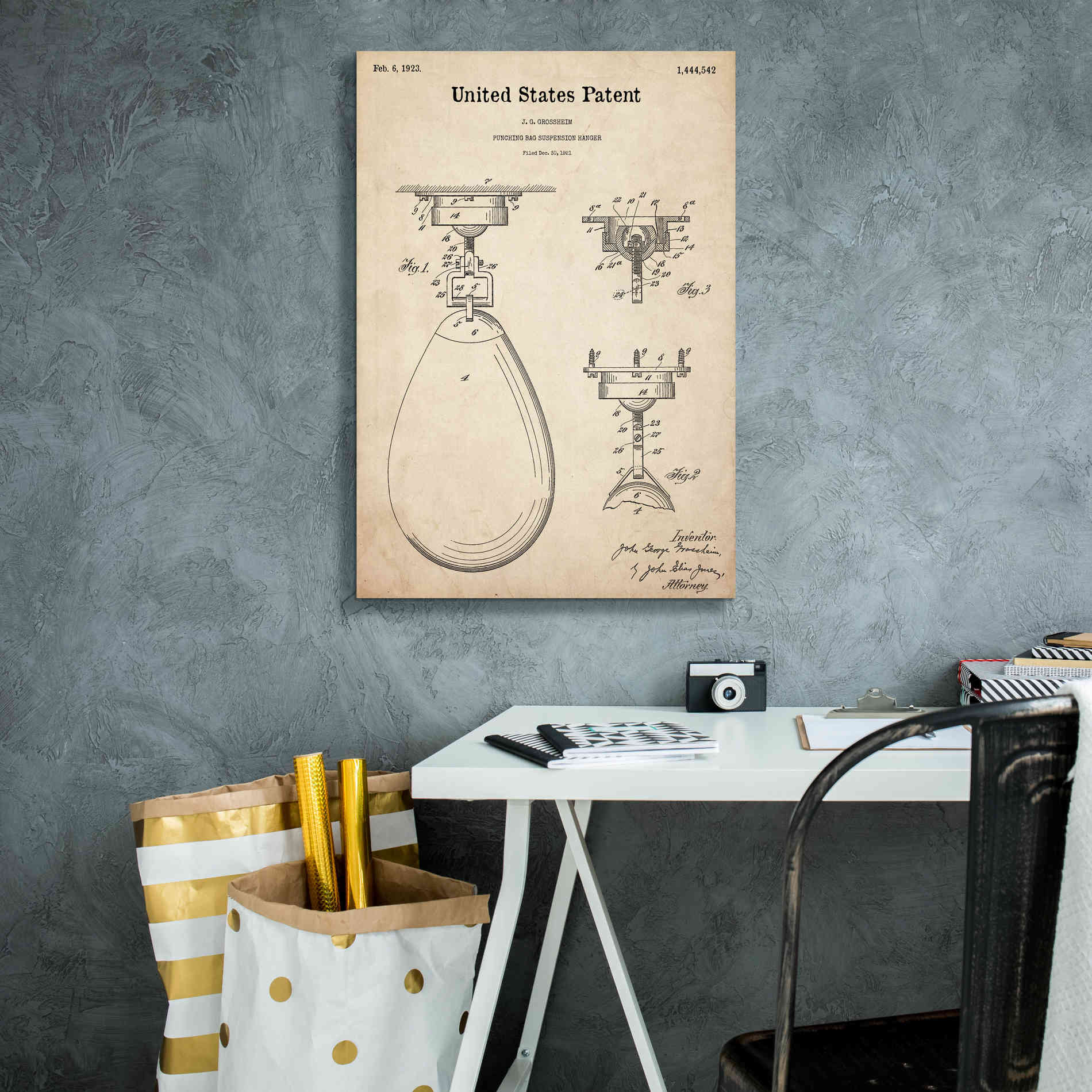 'Boxing Bag Blueprint Patent Parchment,' Canvas Wall Art,18 x 26