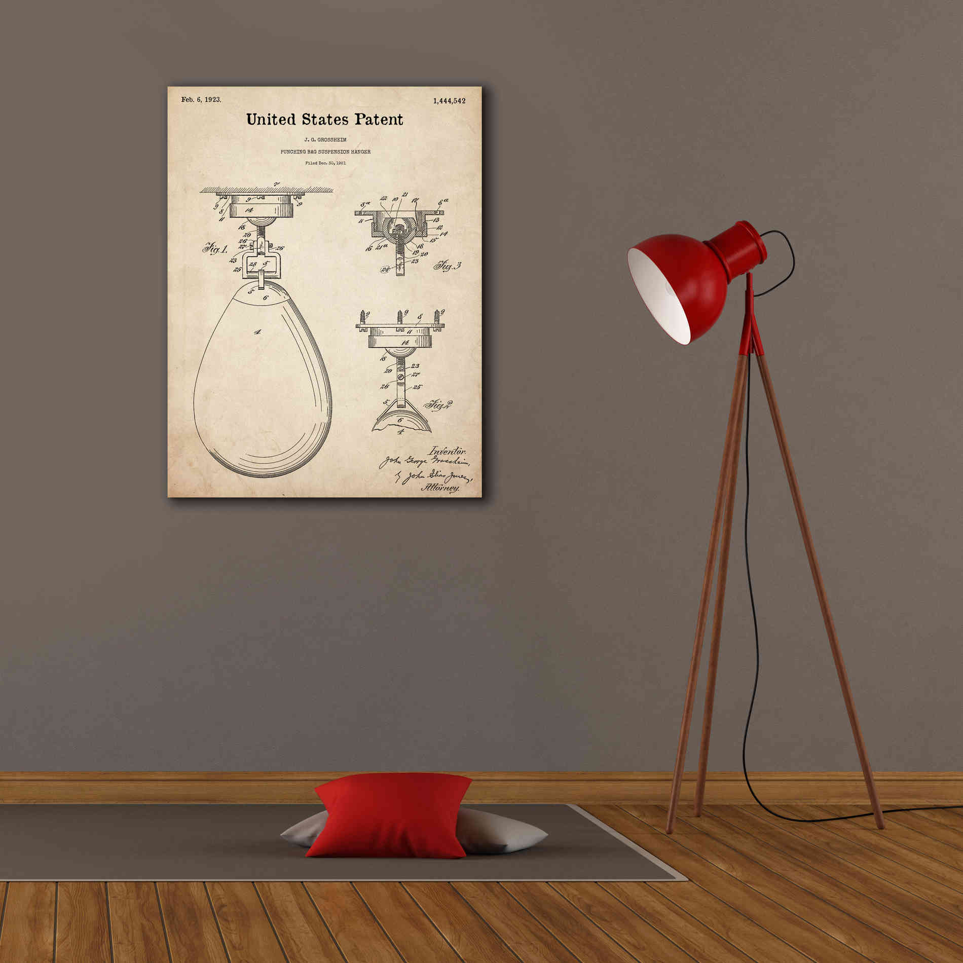 'Boxing Bag Blueprint Patent Parchment,' Canvas Wall Art,26 x 34