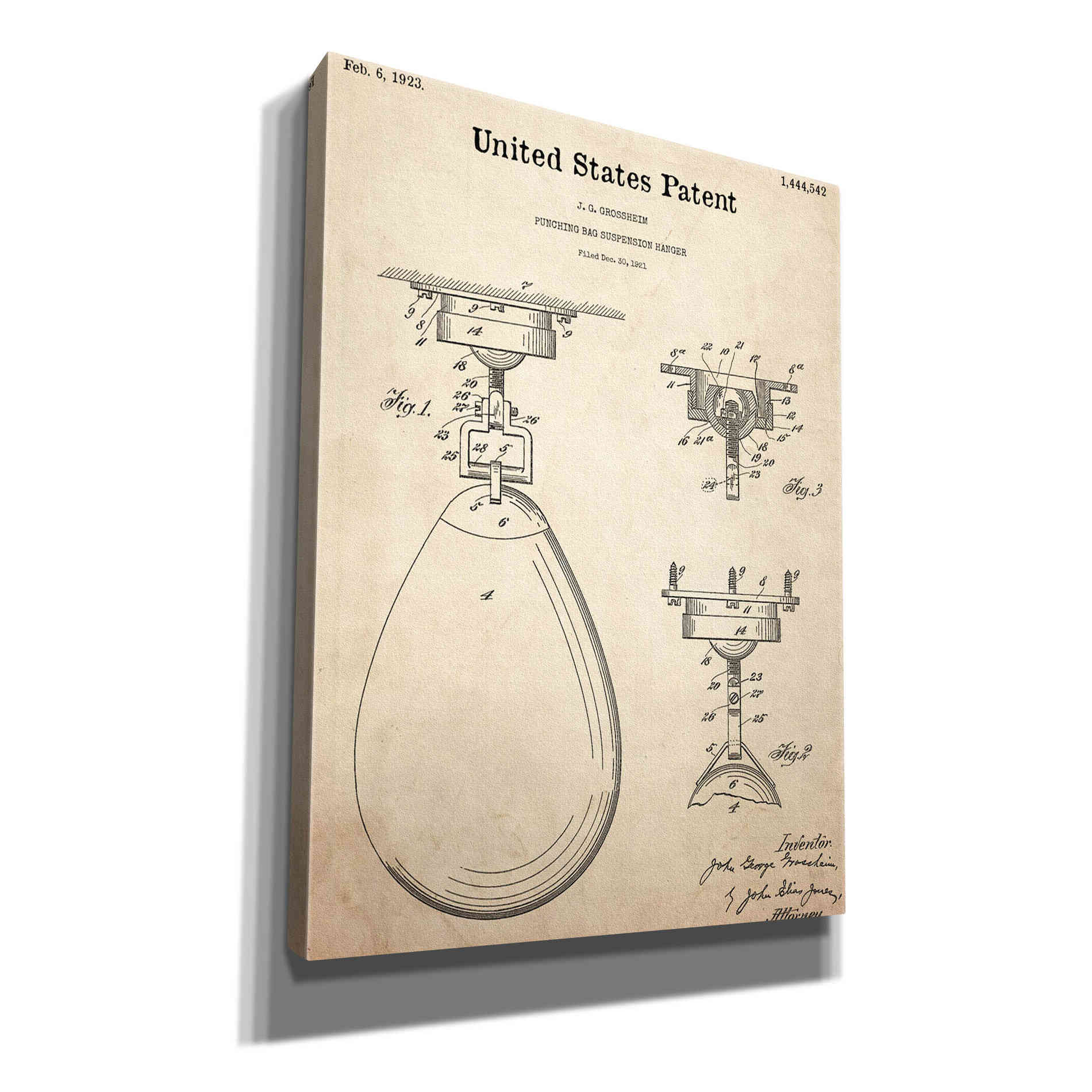 'Boxing Bag Blueprint Patent Parchment,' Canvas Wall Art,12x16x1.1x0,18x26x1.1x0,26x34x1.74x0,40x54x1.74x0