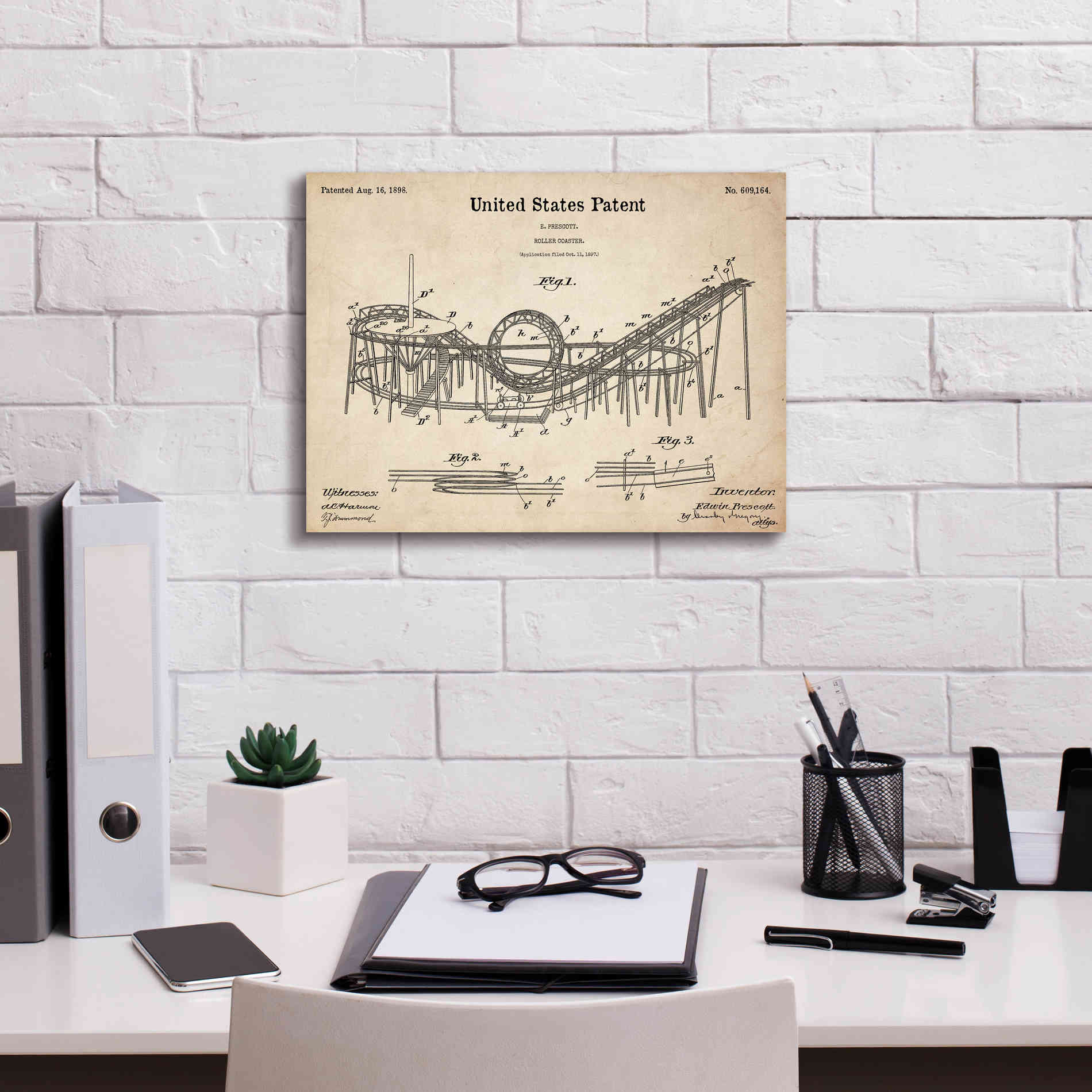 'Roller Coaster Blueprint Patent Parchment,' Canvas Wall Art,16 x 12
