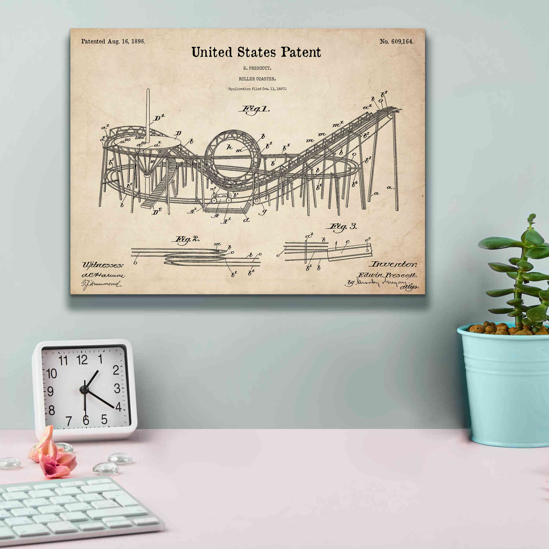 'Roller Coaster Blueprint Patent Parchment,' Canvas Wall Art,16 x 12