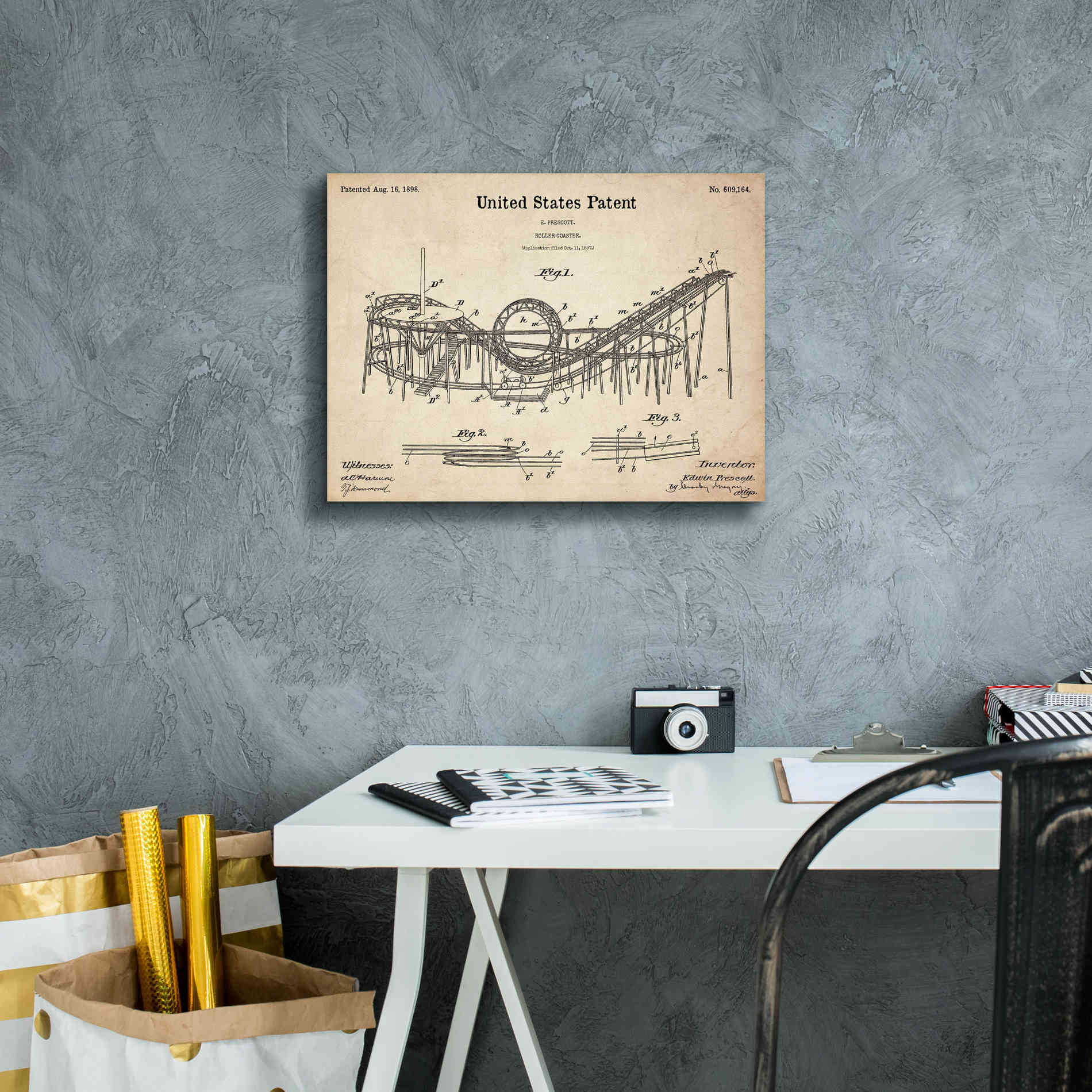 'Roller Coaster Blueprint Patent Parchment,' Canvas Wall Art,16 x 12