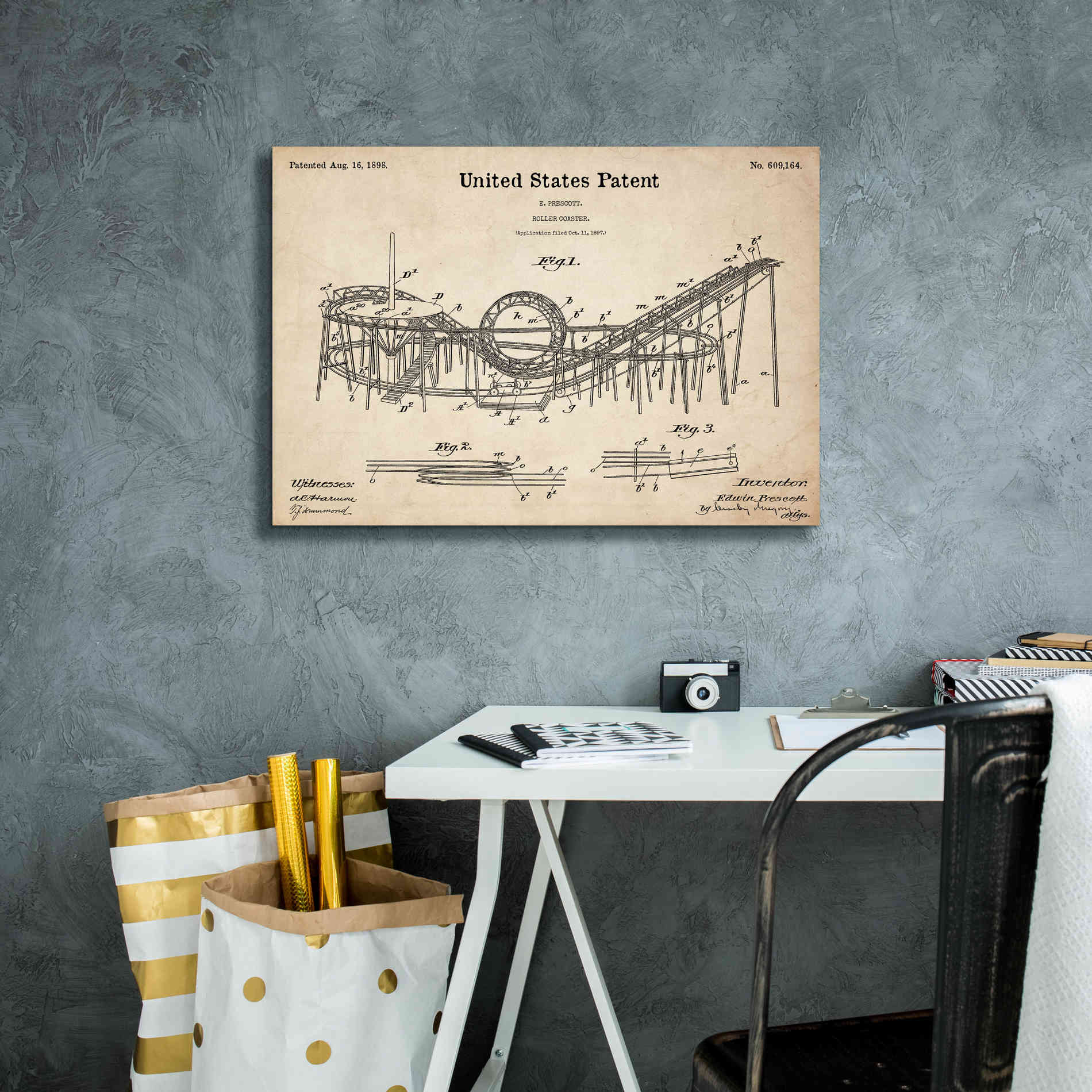 'Roller Coaster Blueprint Patent Parchment,' Canvas Wall Art,26 x 18