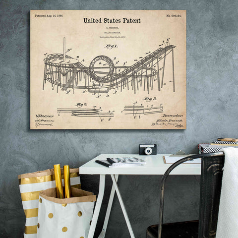 Image of 'Roller Coaster Blueprint Patent Parchment,' Canvas Wall Art,34 x 26