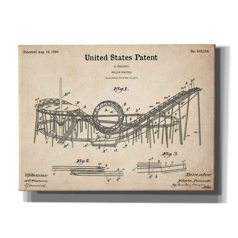 Image of 'Roller Coaster Blueprint Patent Parchment,' Canvas Wall Art,16x12x1.1x0,26x18x1.1x0,34x26x1.74x0,54x40x1.74x0