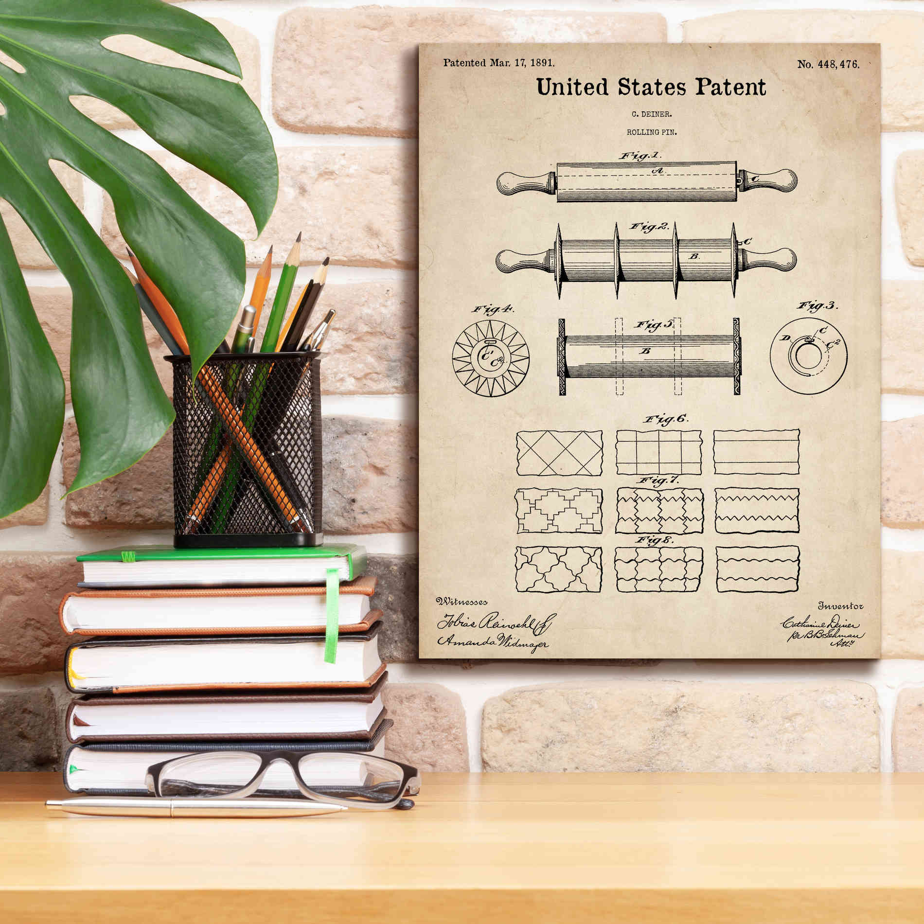 'Rolling Pin Blueprint Patent Parchment,' Canvas Wall Art,12 x 16