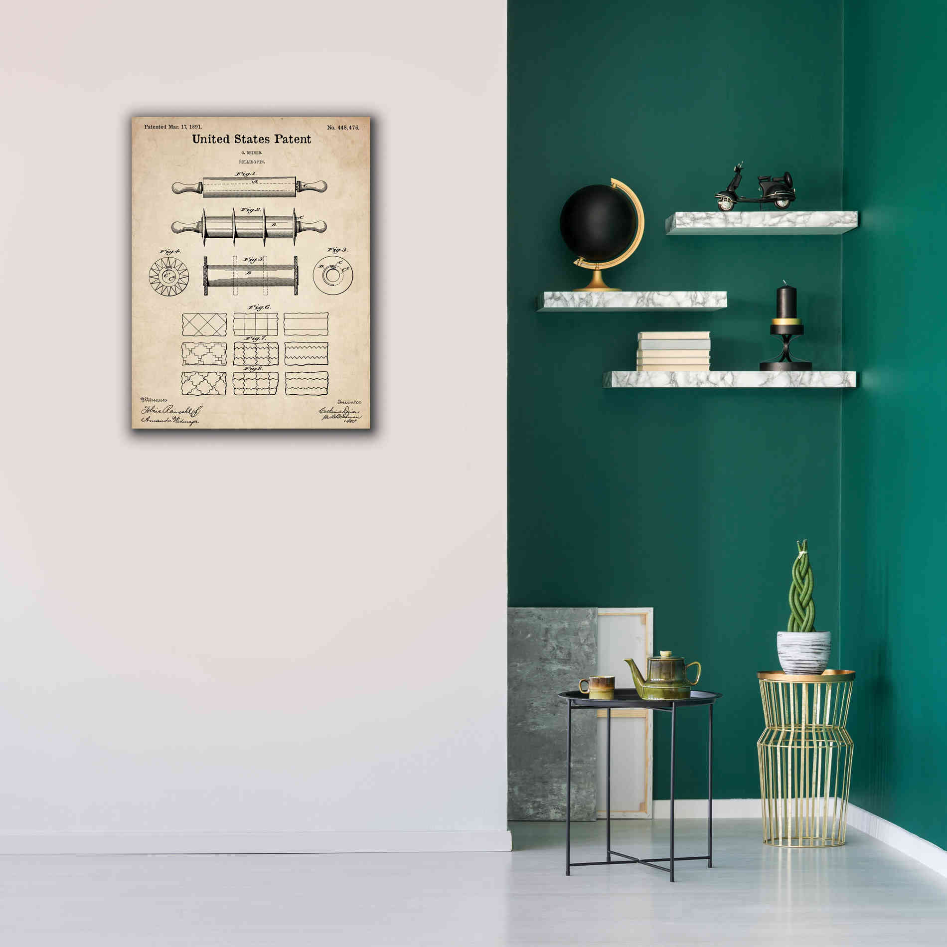 'Rolling Pin Blueprint Patent Parchment,' Canvas Wall Art,26 x 34