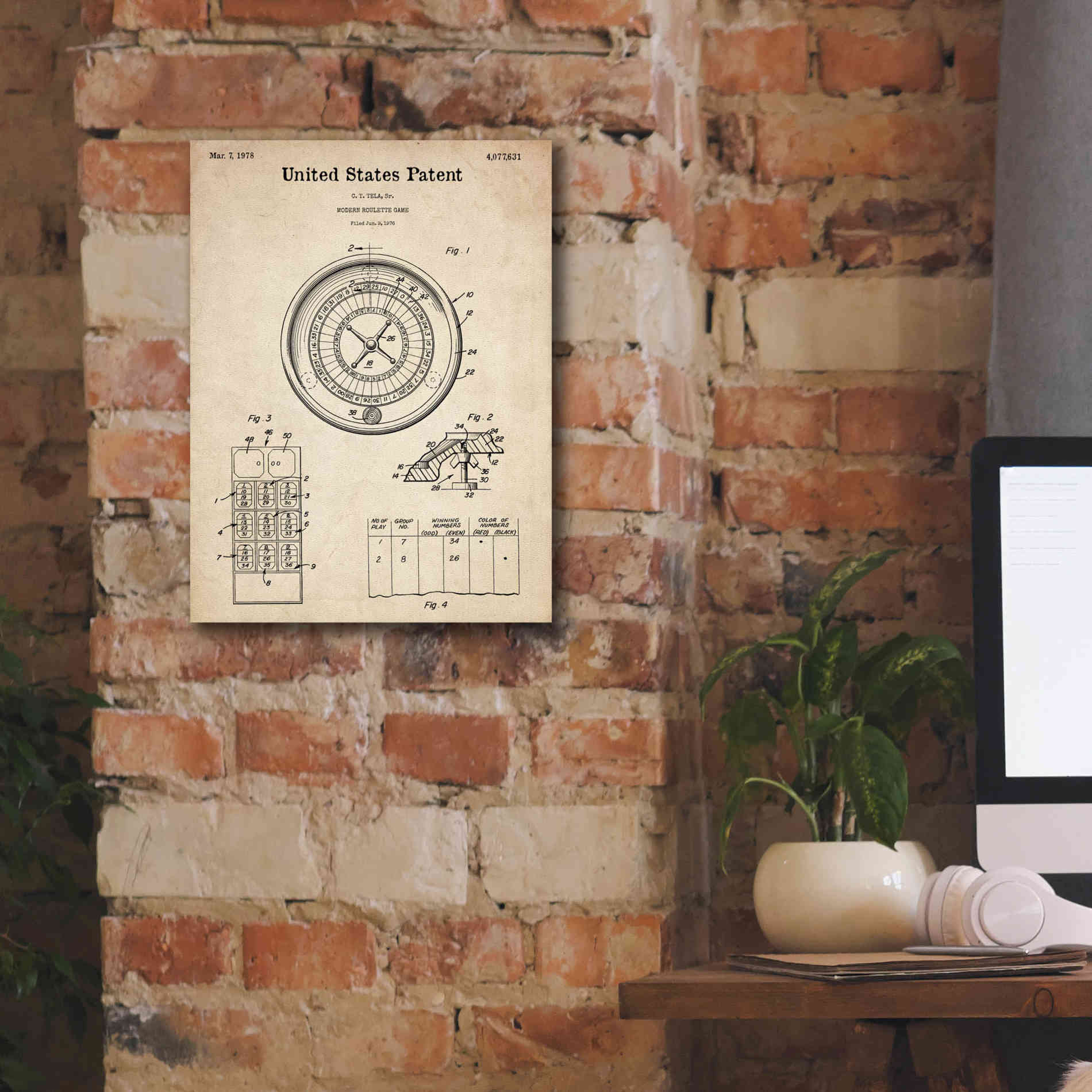 'Roulette Blueprint Patent Parchment,' Canvas Wall Art,12 x 16