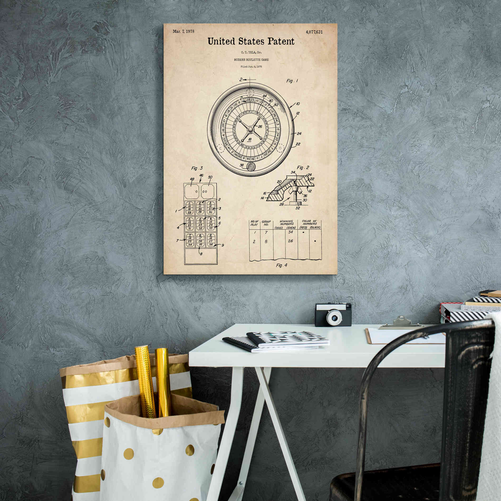 'Roulette Blueprint Patent Parchment,' Canvas Wall Art,18 x 26