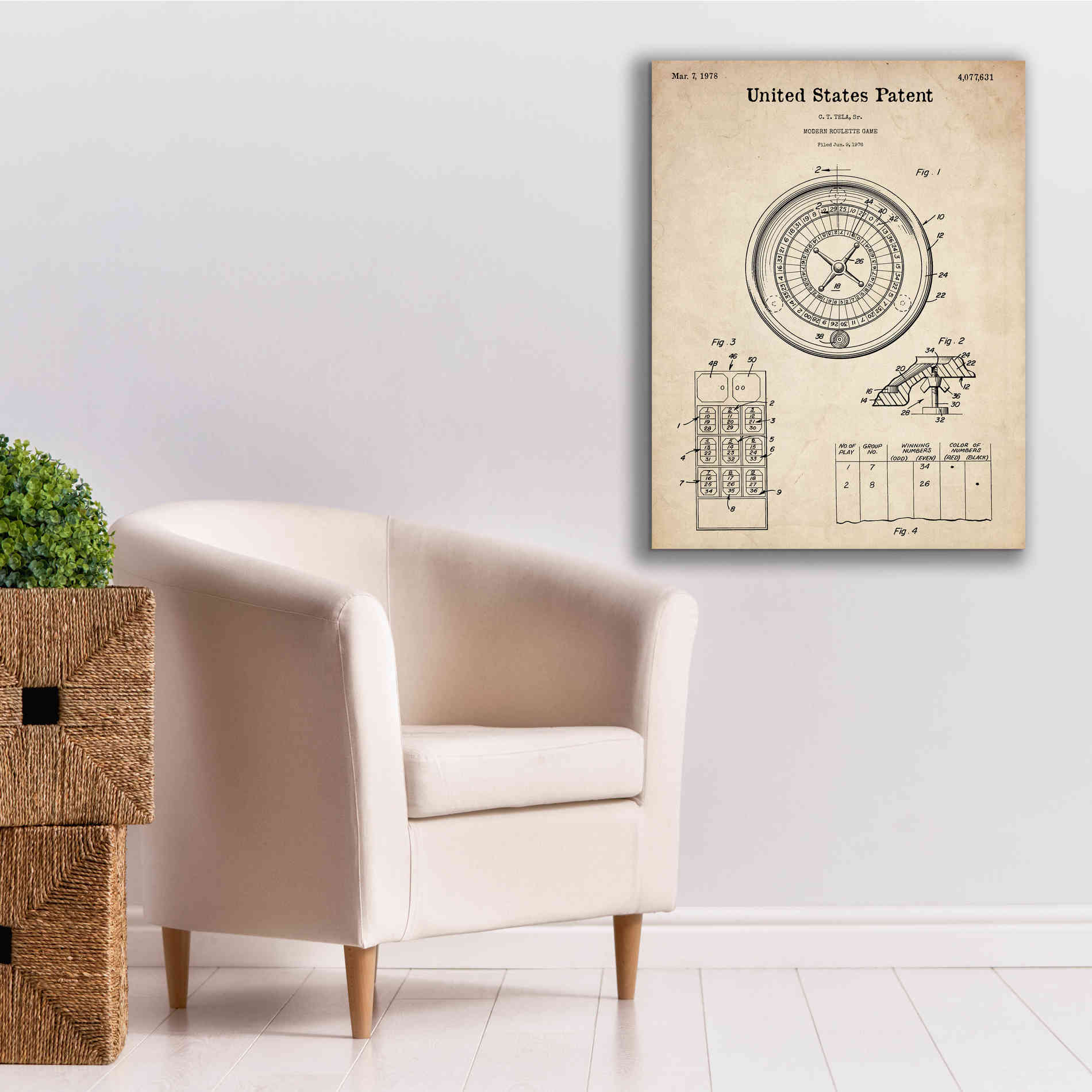 'Roulette Blueprint Patent Parchment,' Canvas Wall Art,26 x 34