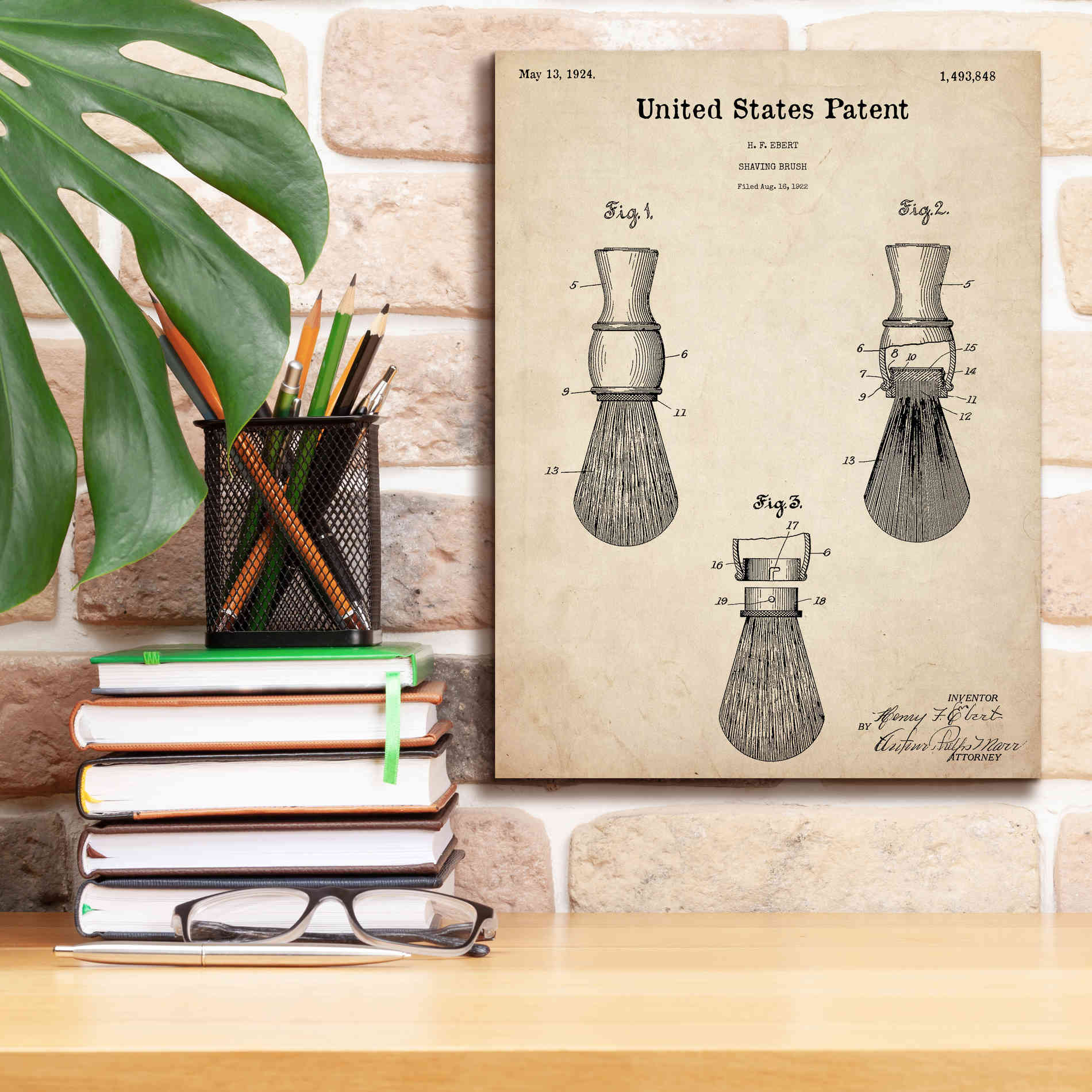 'Shaving Brush Blueprint Patent Parchment,' Canvas Wall Art,12 x 16