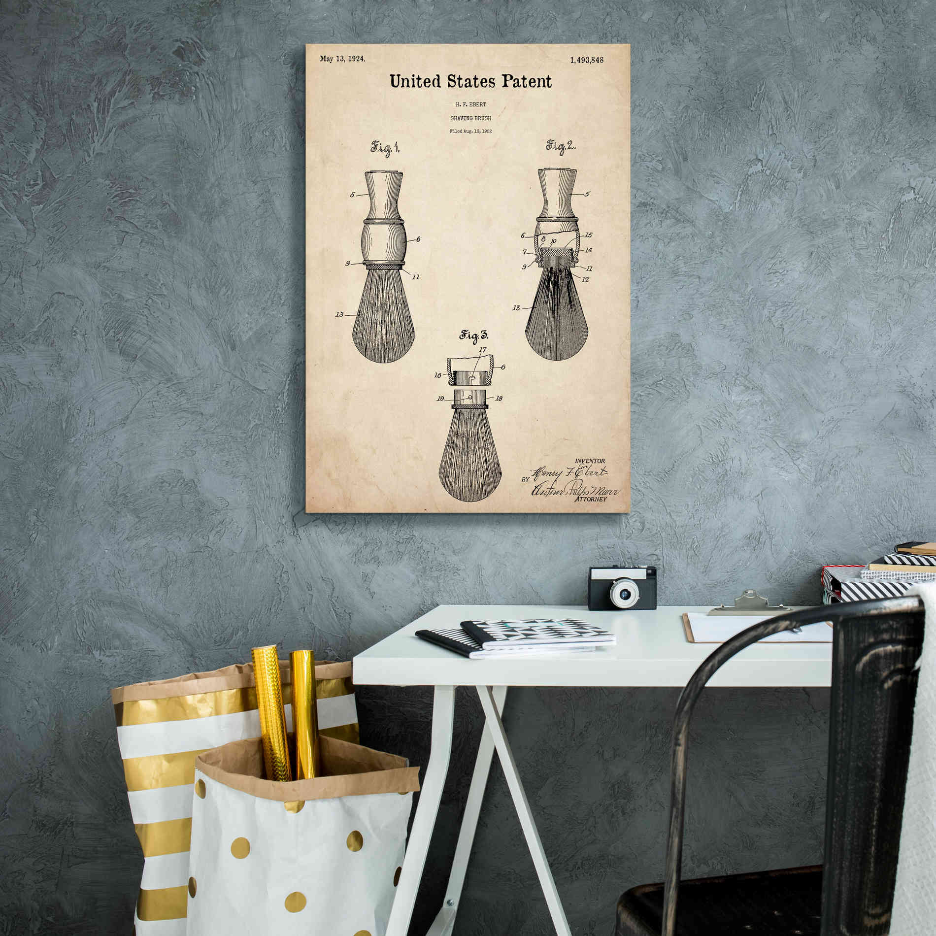 'Shaving Brush Blueprint Patent Parchment,' Canvas Wall Art,18 x 26