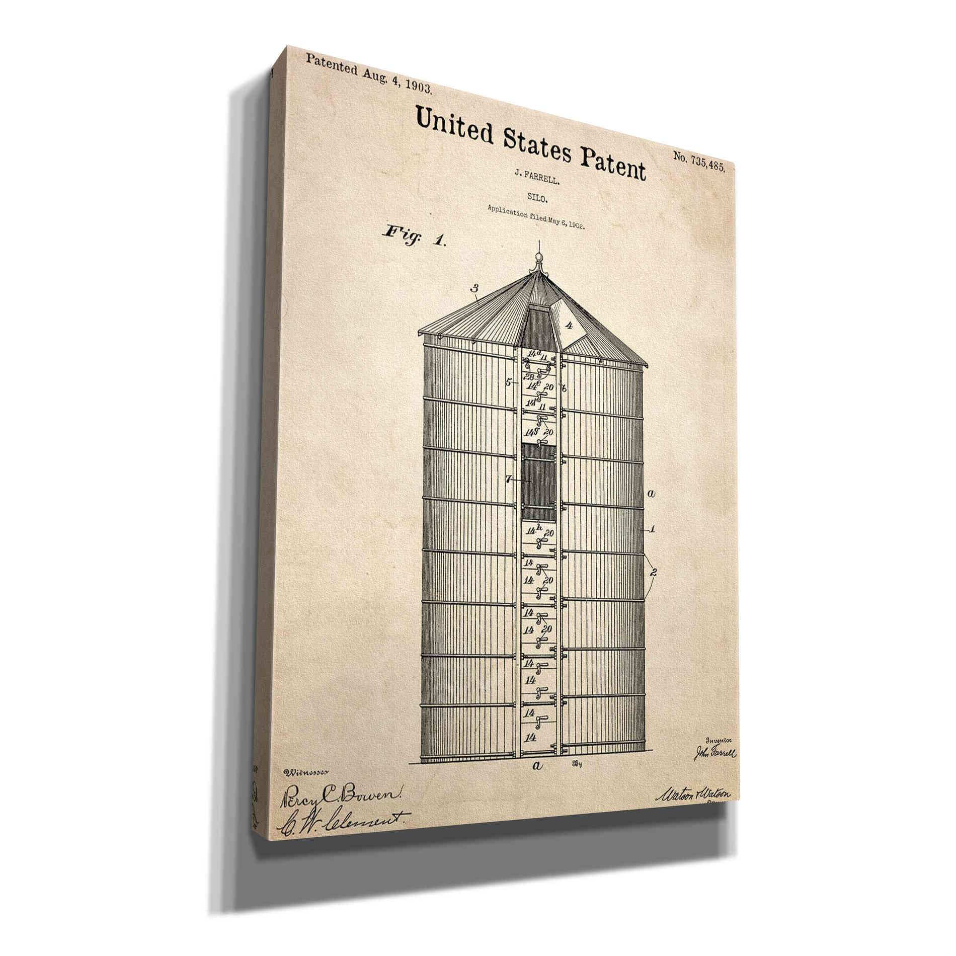 'Silo Blueprint Patent Parchment,' Canvas Wall Art,12x16x1.1x0,18x26x1.1x0,26x34x1.74x0,40x54x1.74x0