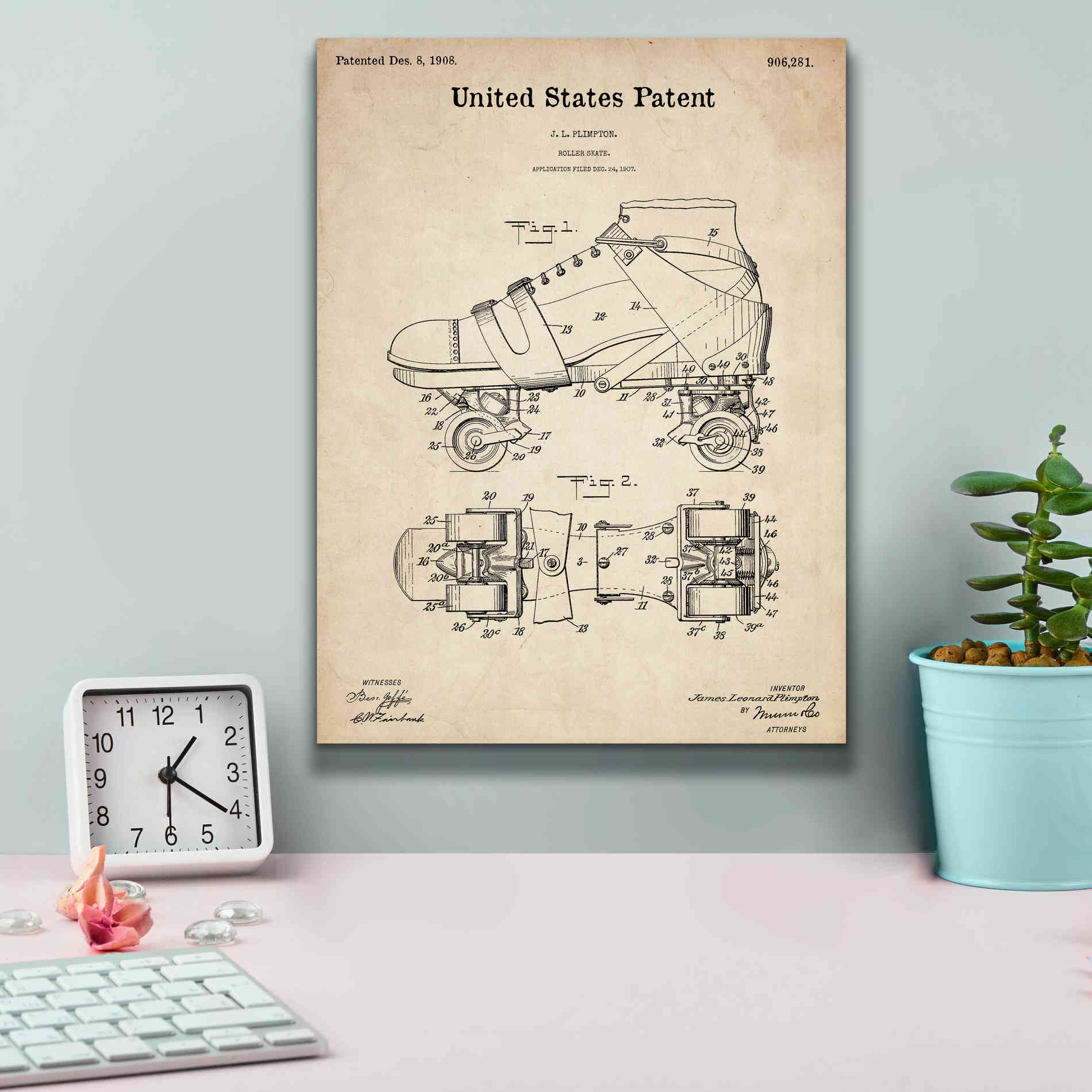 'Roller Skate Blueprint Patent Parchment,' Canvas Wall Art,12 x 16