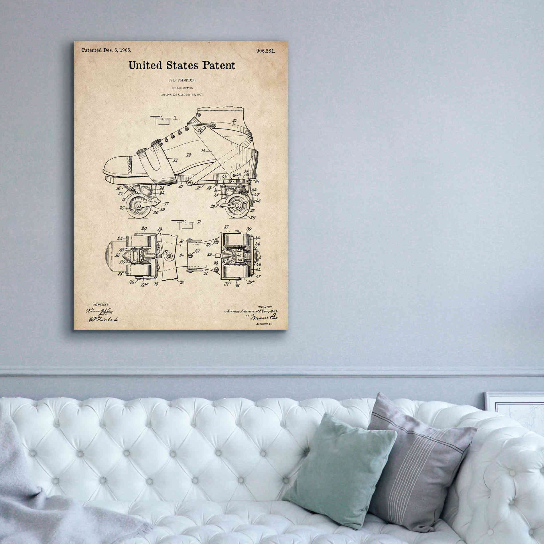 'Roller Skate Blueprint Patent Parchment,' Canvas Wall Art,40 x 54