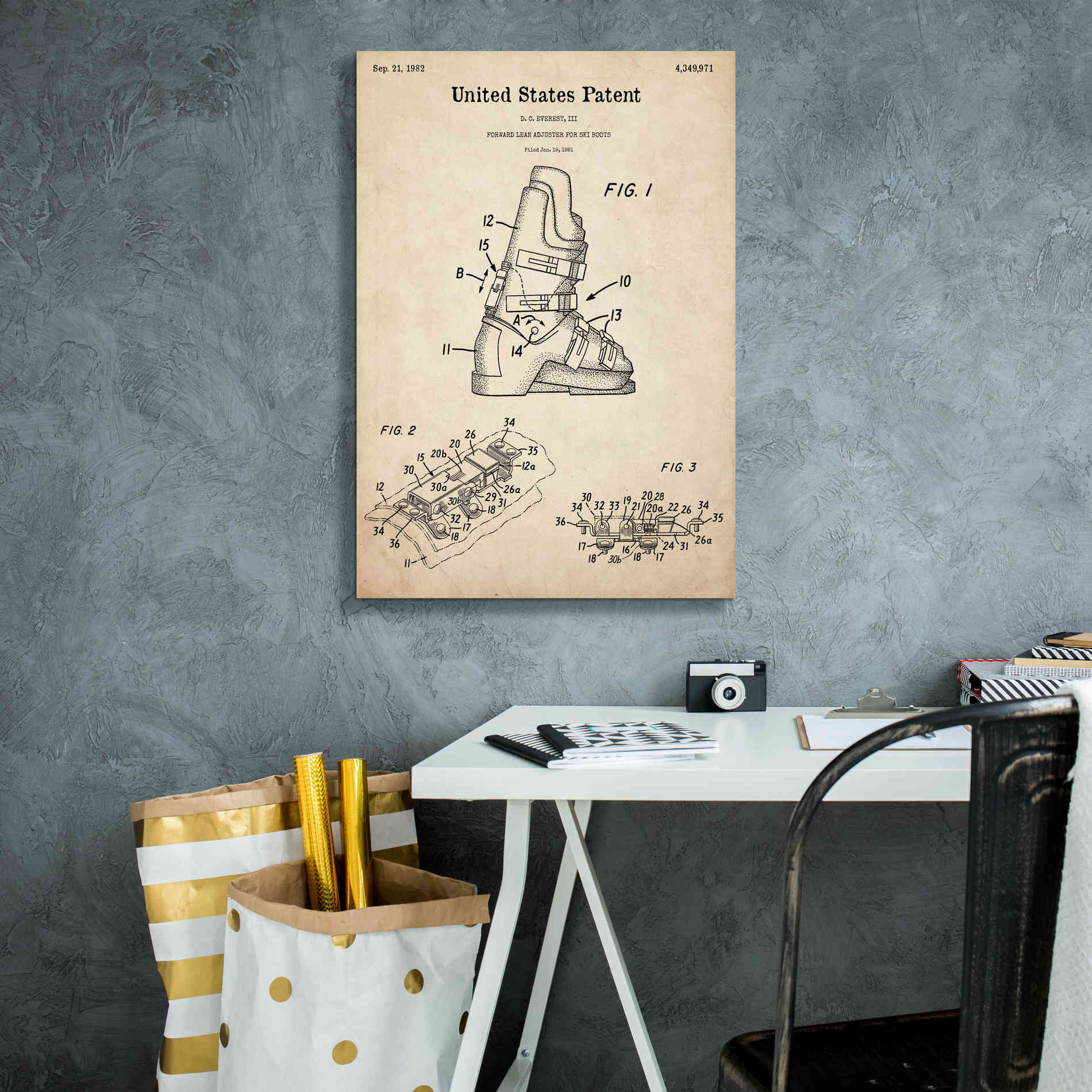 'Ski Boots Blueprint Patent Parchment,' Canvas Wall Art,18 x 26