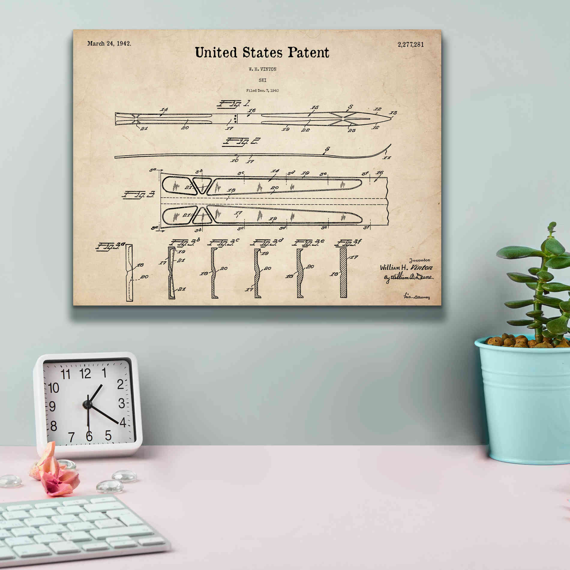 'Ski Blueprint Patent Parchment,' Canvas Wall Art,16 x 12