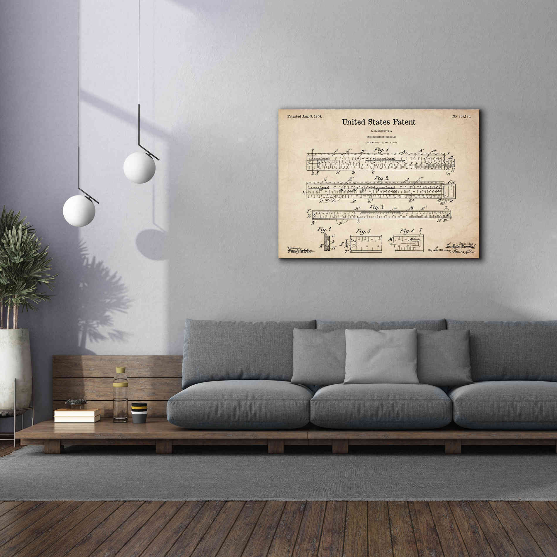 'Slide Rule Blueprint Patent Parchment,' Canvas Wall Art,54 x 40