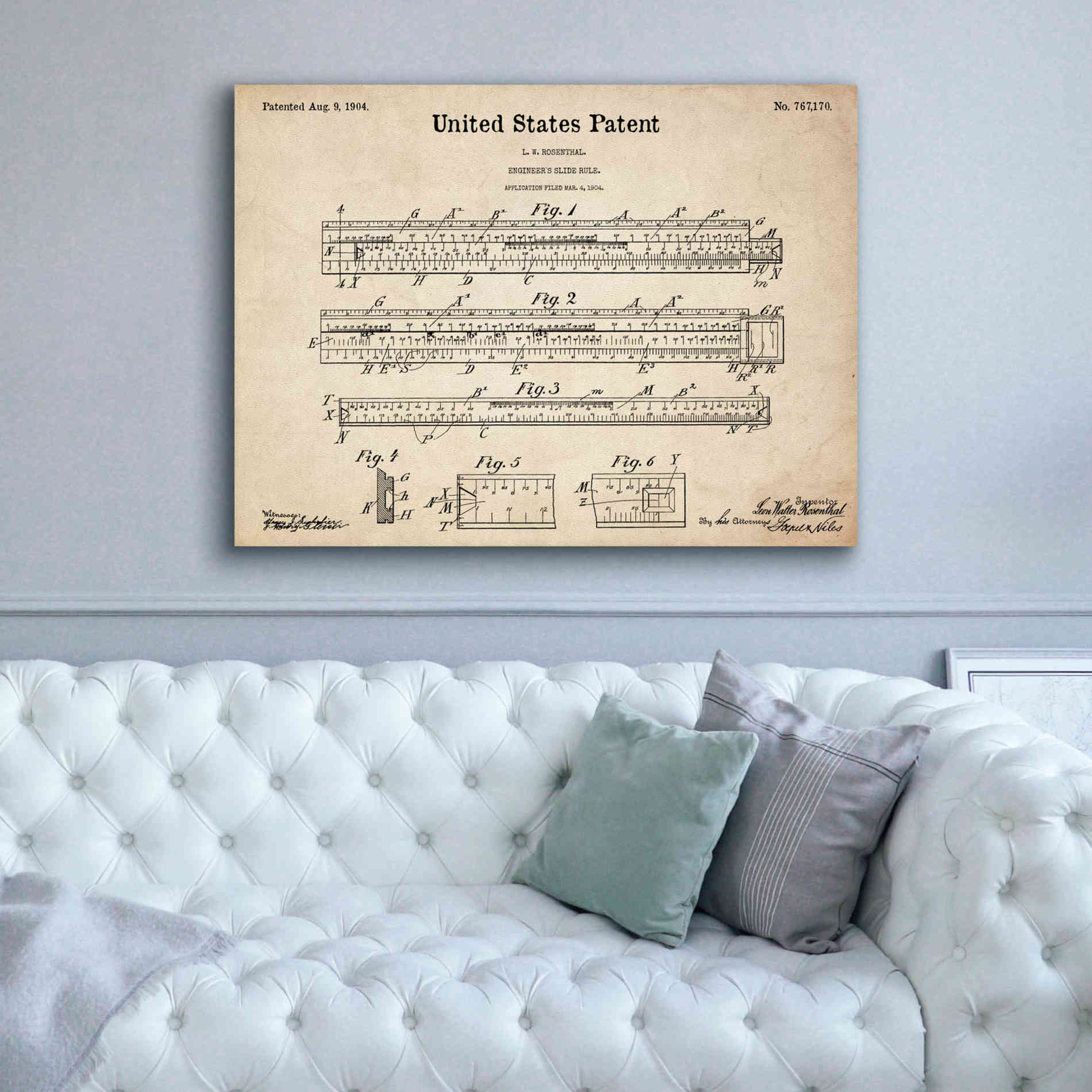'Slide Rule Blueprint Patent Parchment,' Canvas Wall Art,54 x 40
