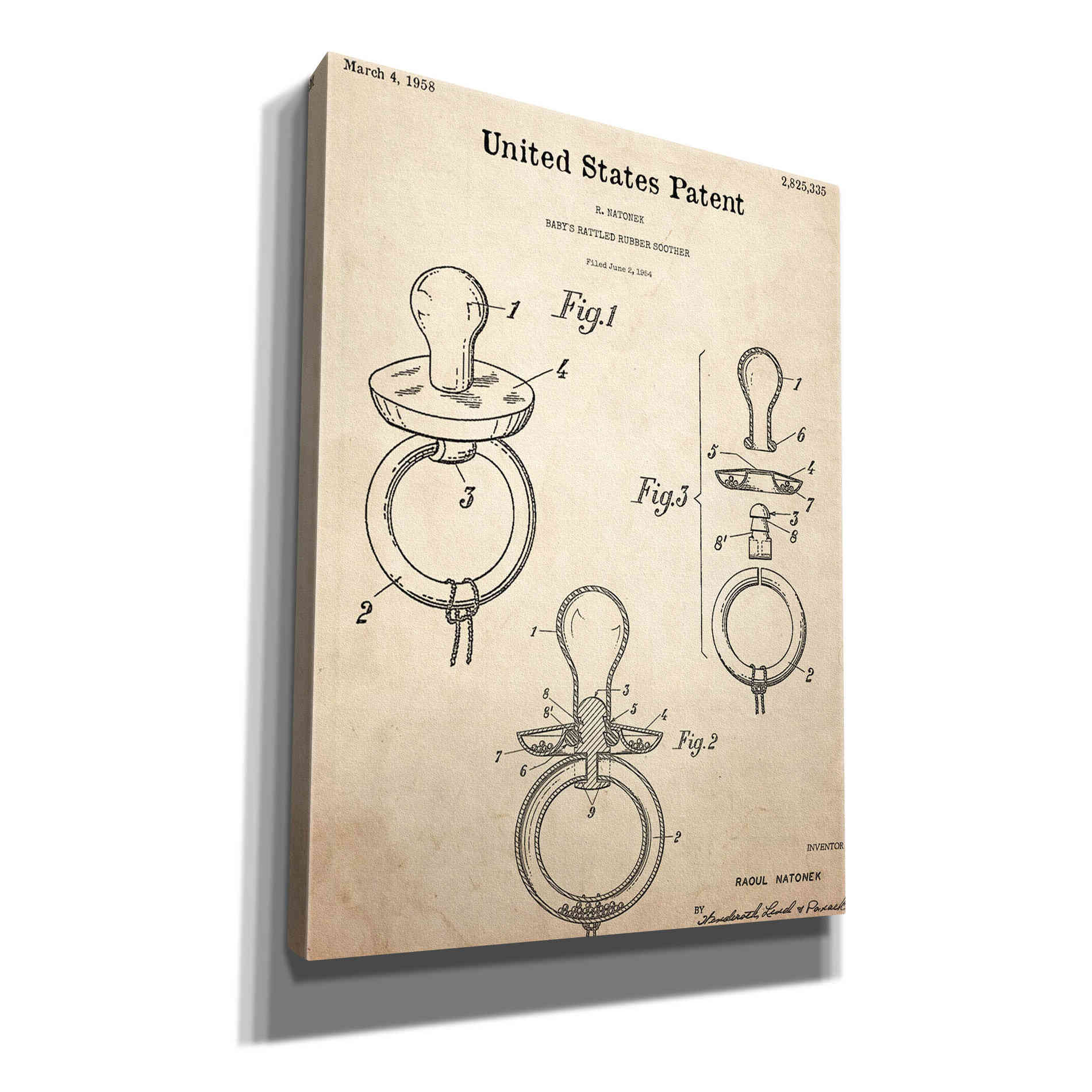 'Baby Pacifier Blueprint Patent Parchment,' Canvas Wall Art,12x16x1.1x0,18x26x1.1x0,26x34x1.74x0,40x54x1.74x0