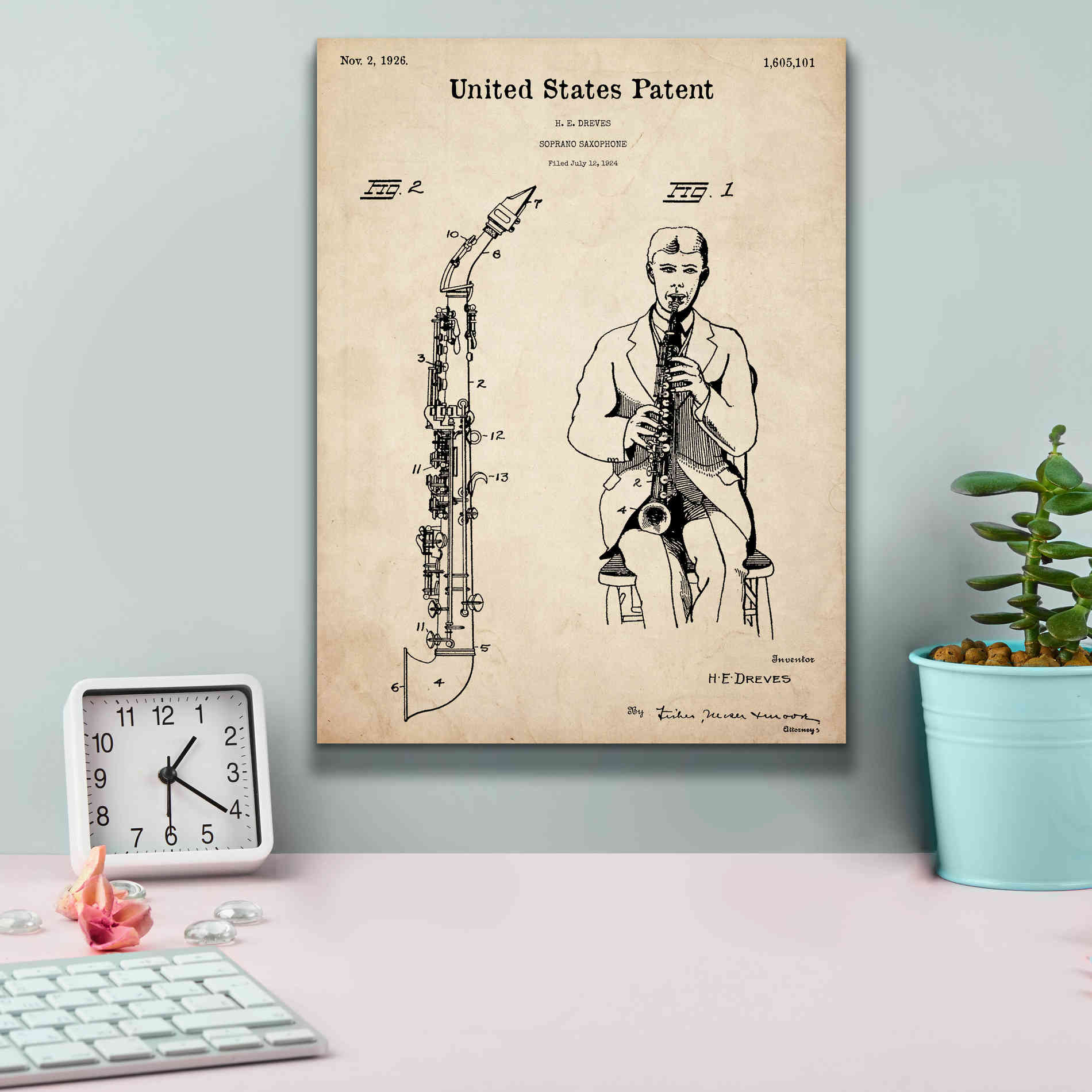 'Soprano Saxophone Blueprint Patent Parchment,' Canvas Wall Art,12 x 16