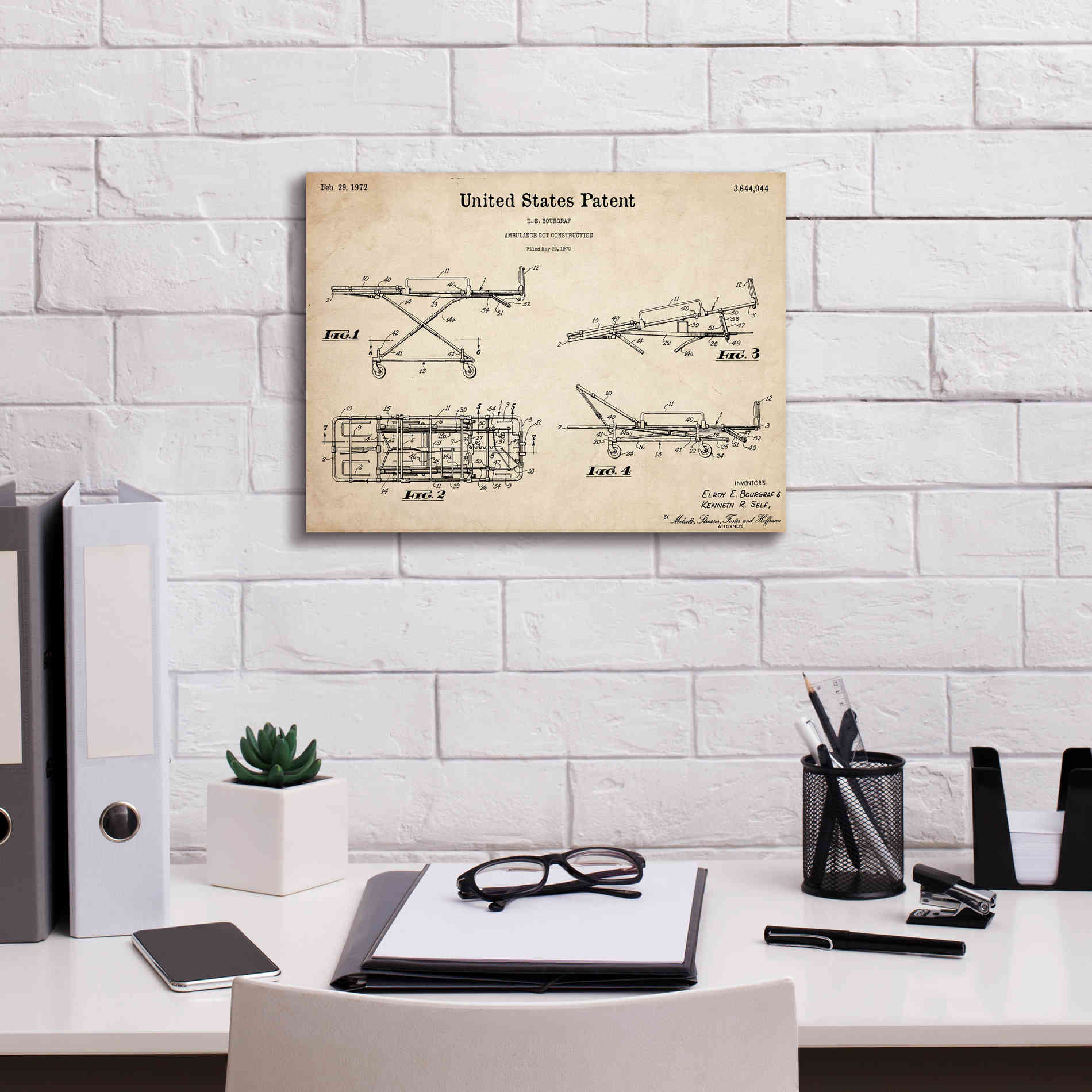 'EMT Stretcher Blueprint Patent Parchment,' Canvas Wall Art,16 x 12