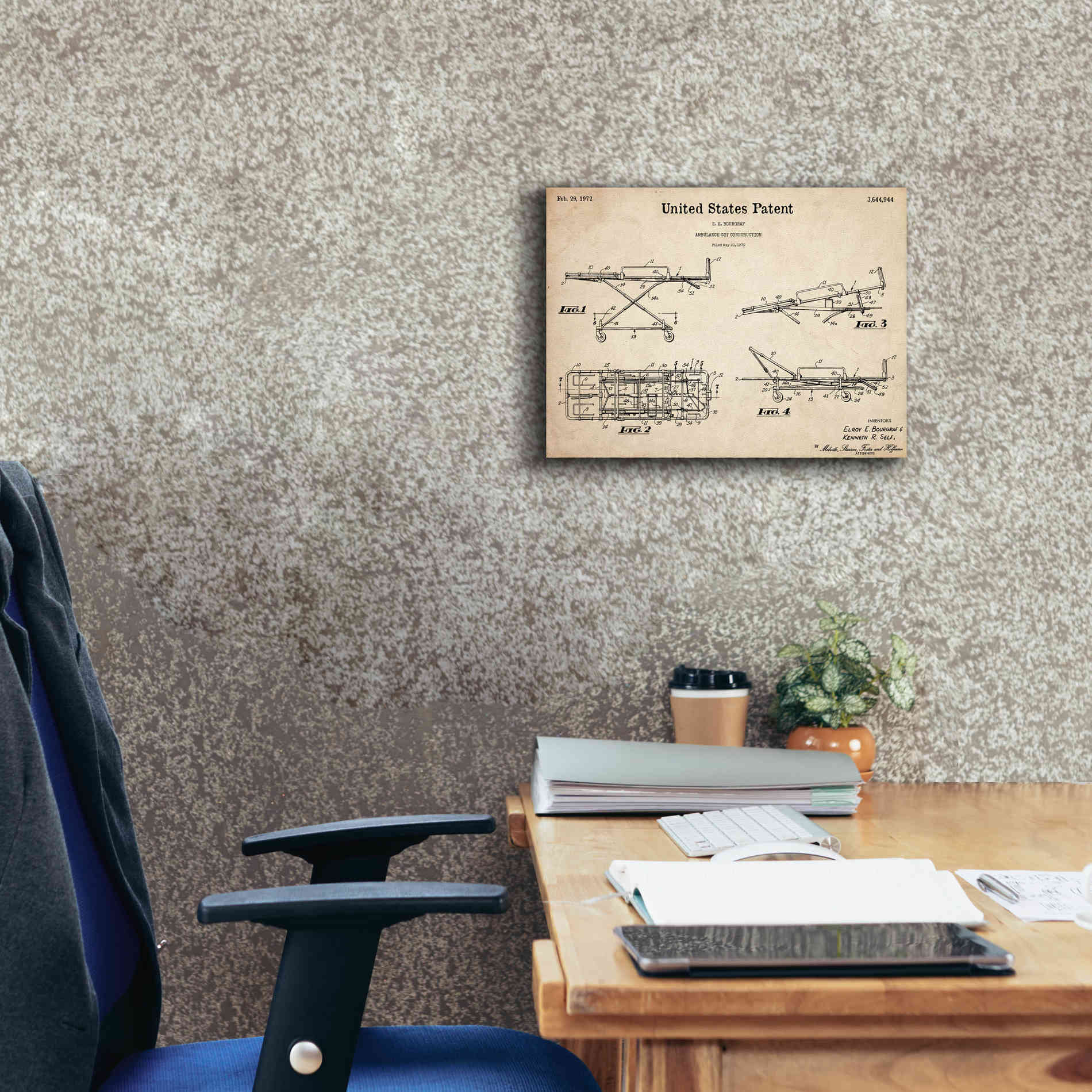 'EMT Stretcher Blueprint Patent Parchment,' Canvas Wall Art,16 x 12