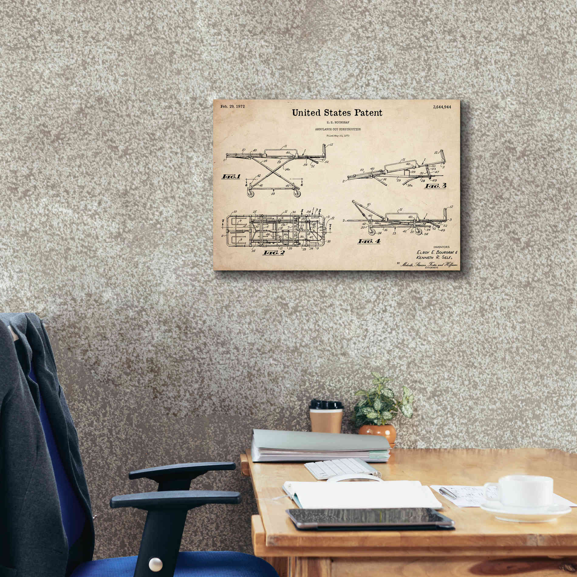 'EMT Stretcher Blueprint Patent Parchment,' Canvas Wall Art,26 x 18