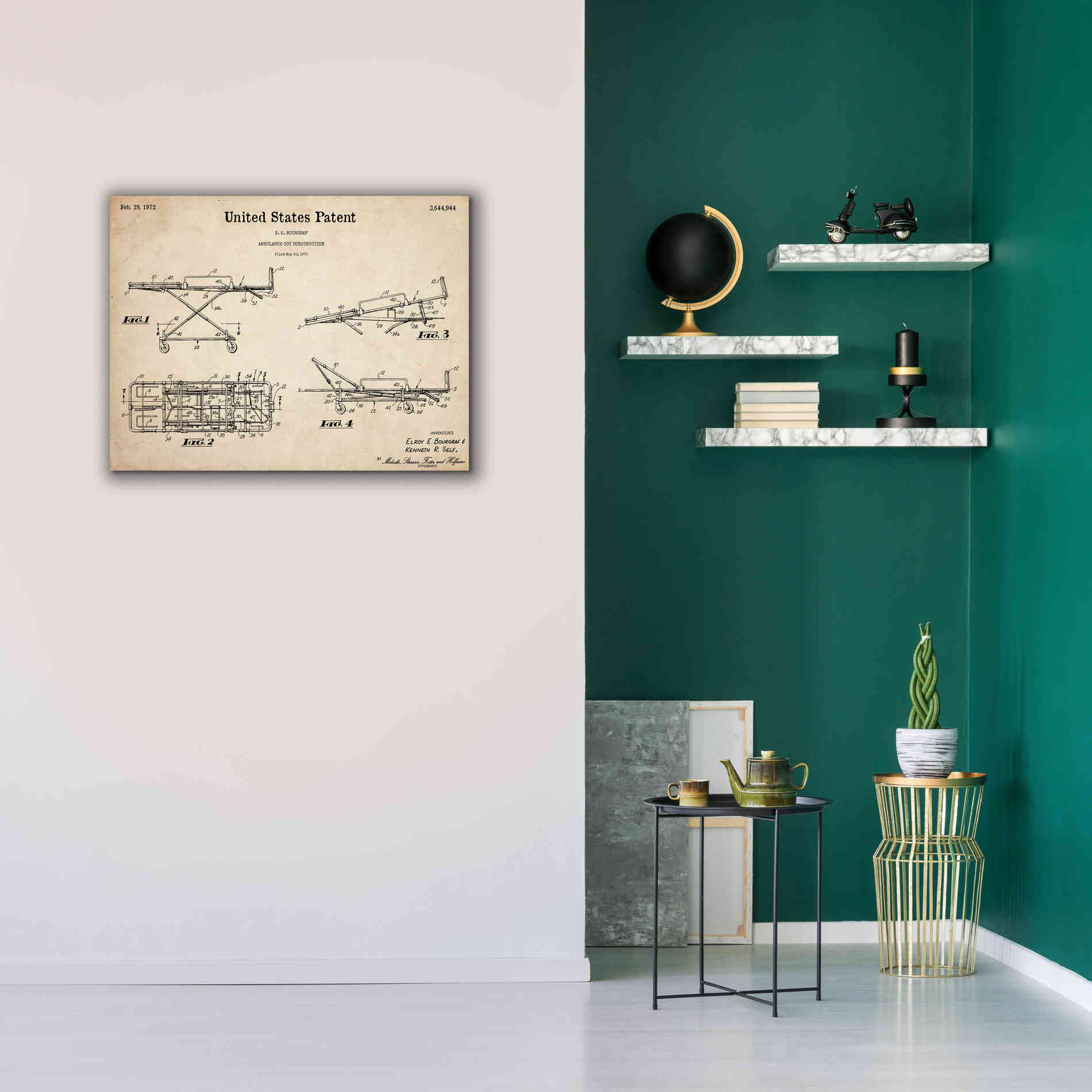 'EMT Stretcher Blueprint Patent Parchment,' Canvas Wall Art,34 x 26